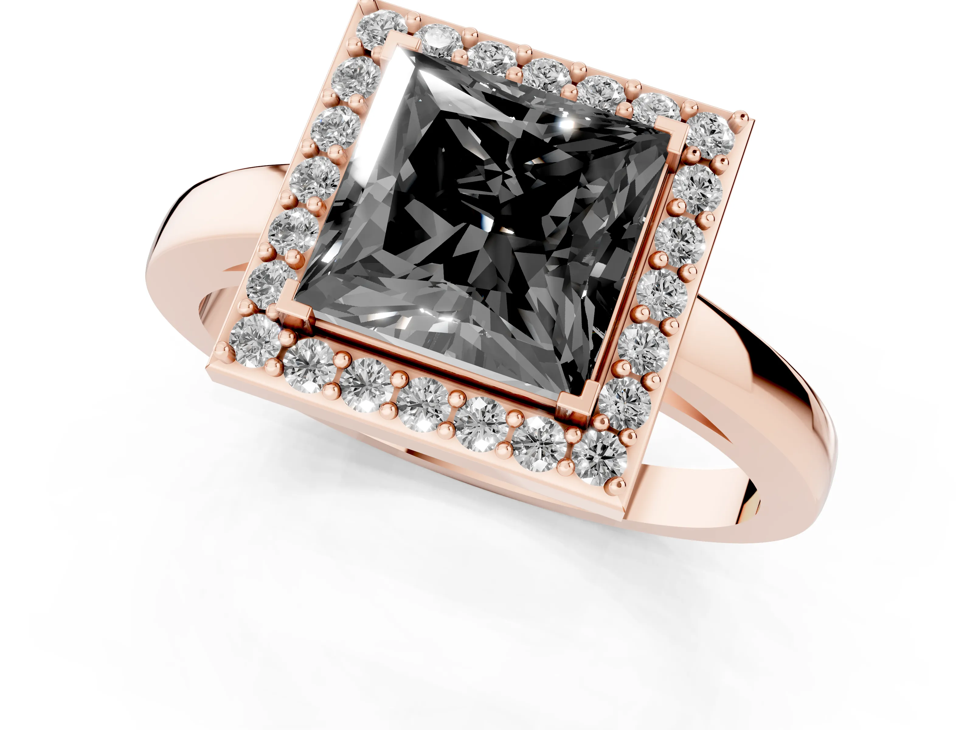 Fancy Black Princess Cut Diamond Halo Ring Set in Rose gold with Solitaire Band and Prong Setting