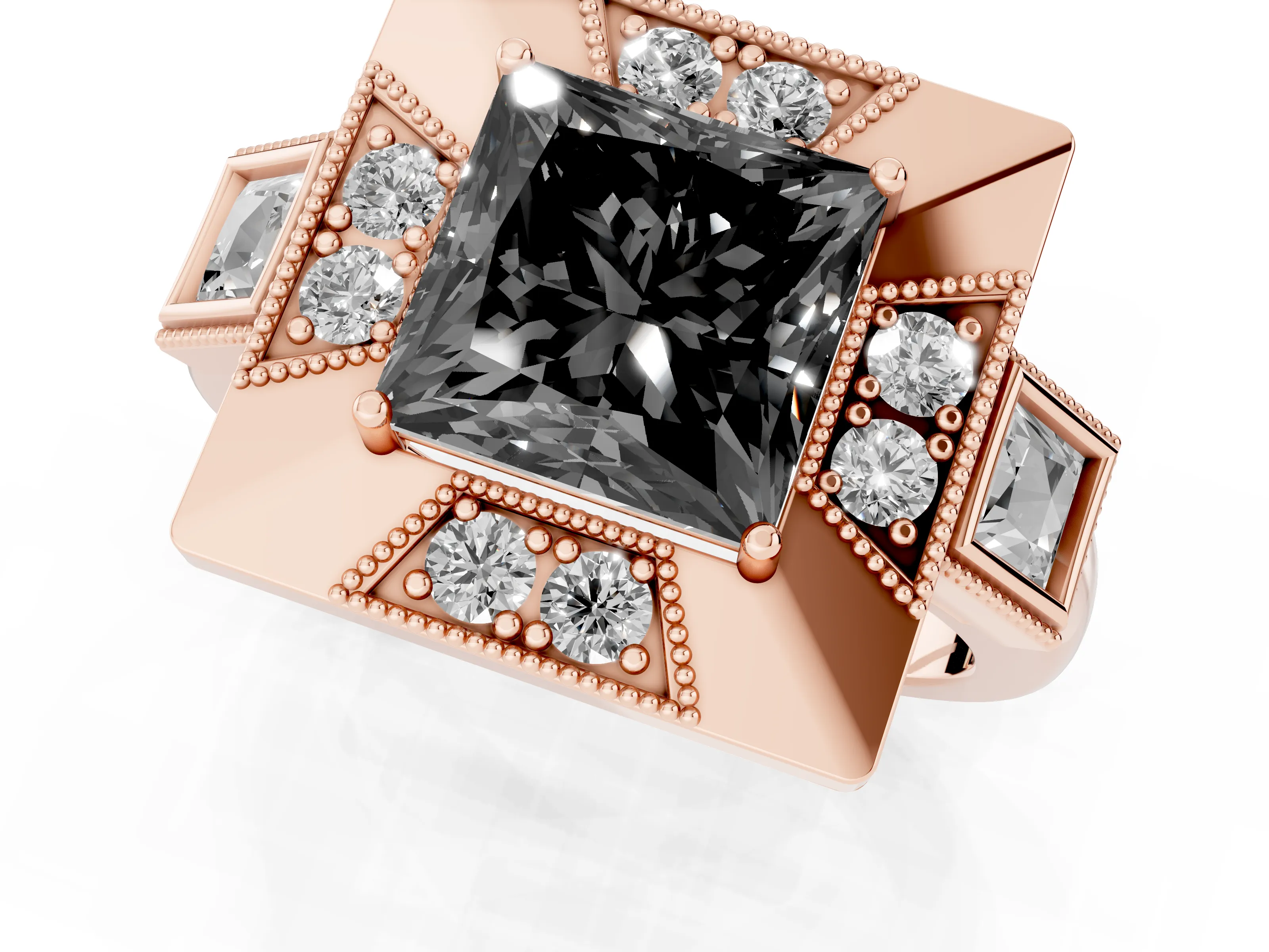 Fancy Black Princess Cut Diamond Milgrain Halo Ring Set in Rose gold with Split Shank