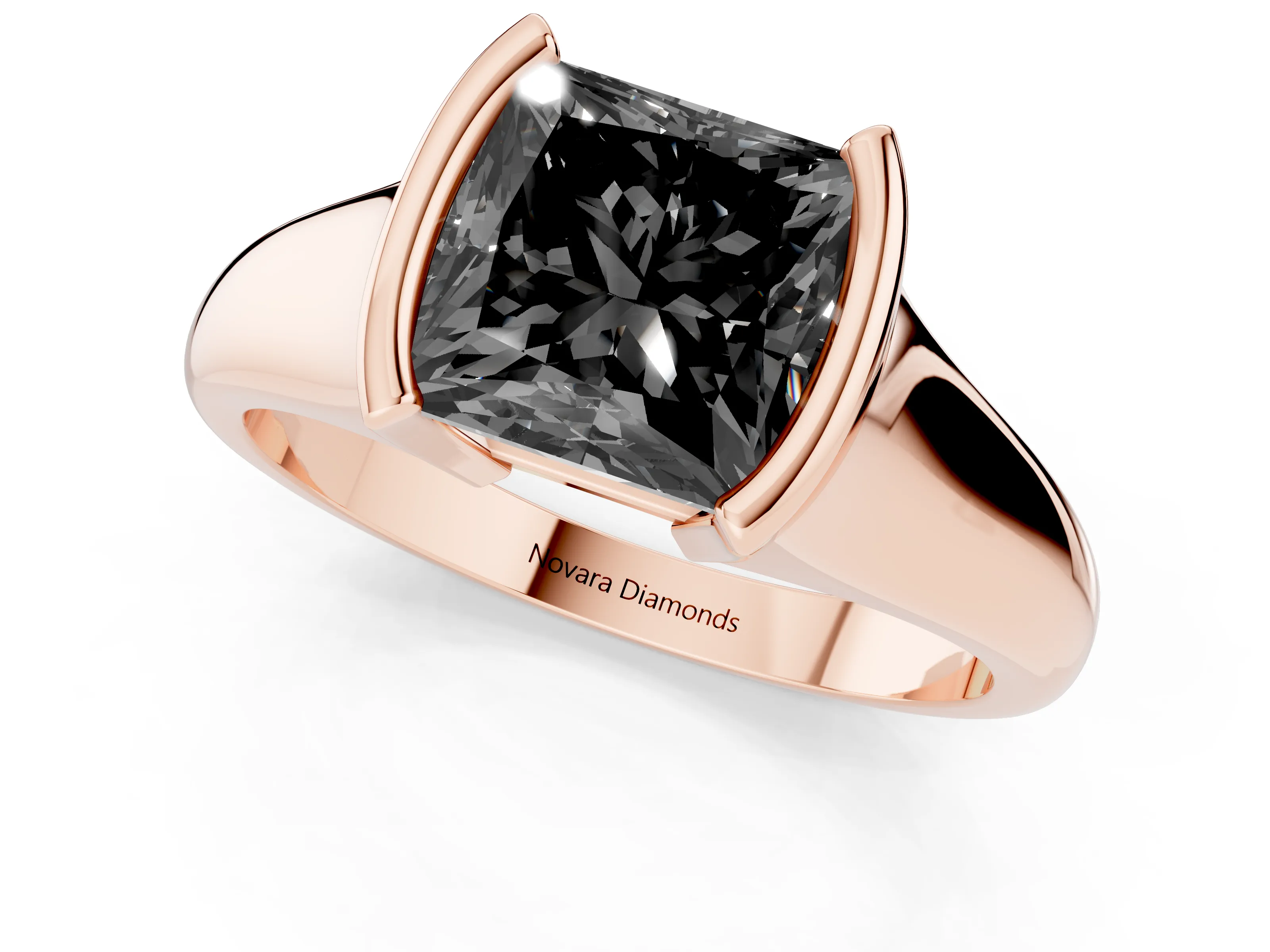Fancy Black Princess Cut Diamond Solitaire Tension Set Ring Set in Rose gold with Split Shank Band