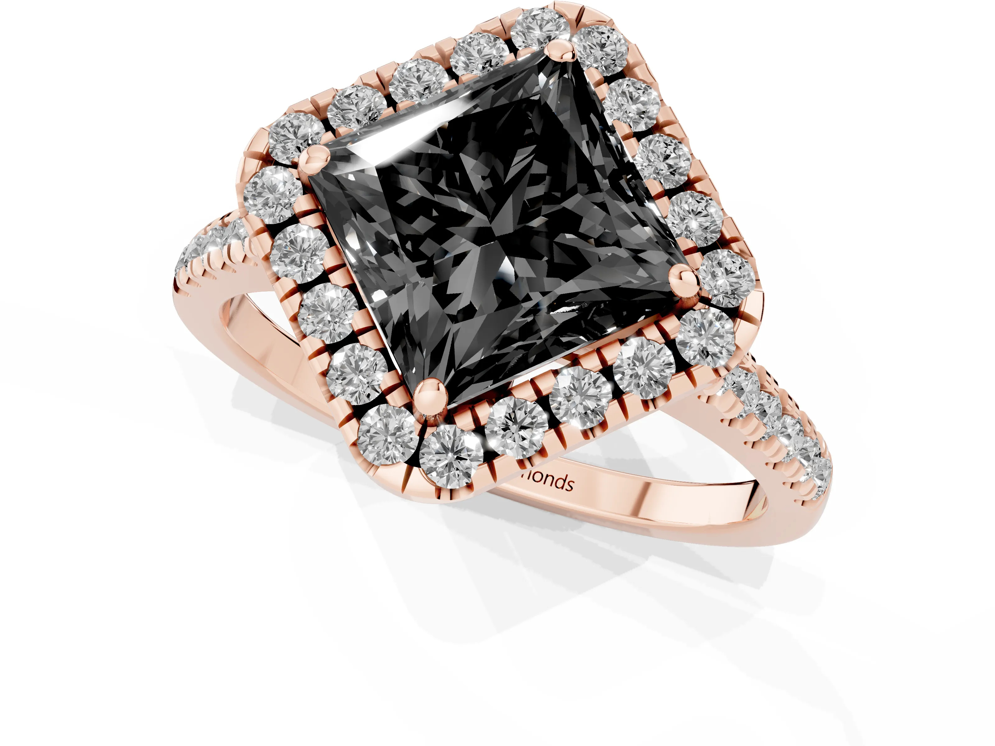 Fancy Black Princess Cut Diamond Cushion Halo Ring Set in Rose gold with Pavé Band
