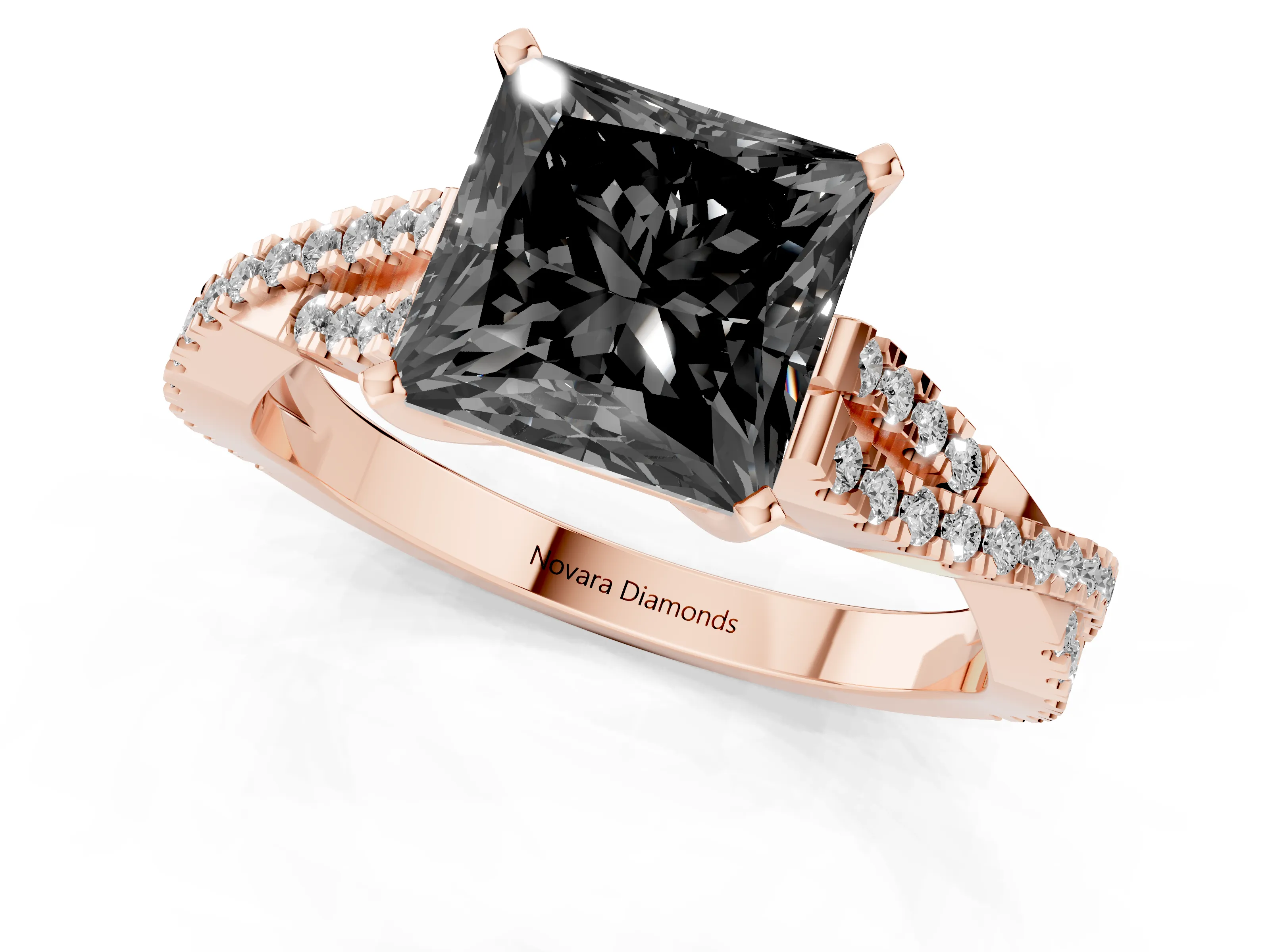 Fancy Black Princess Cut Diamond Solitaire Engagement Ring Set in Rose gold with Twisted Pavé Band and Prong Setting