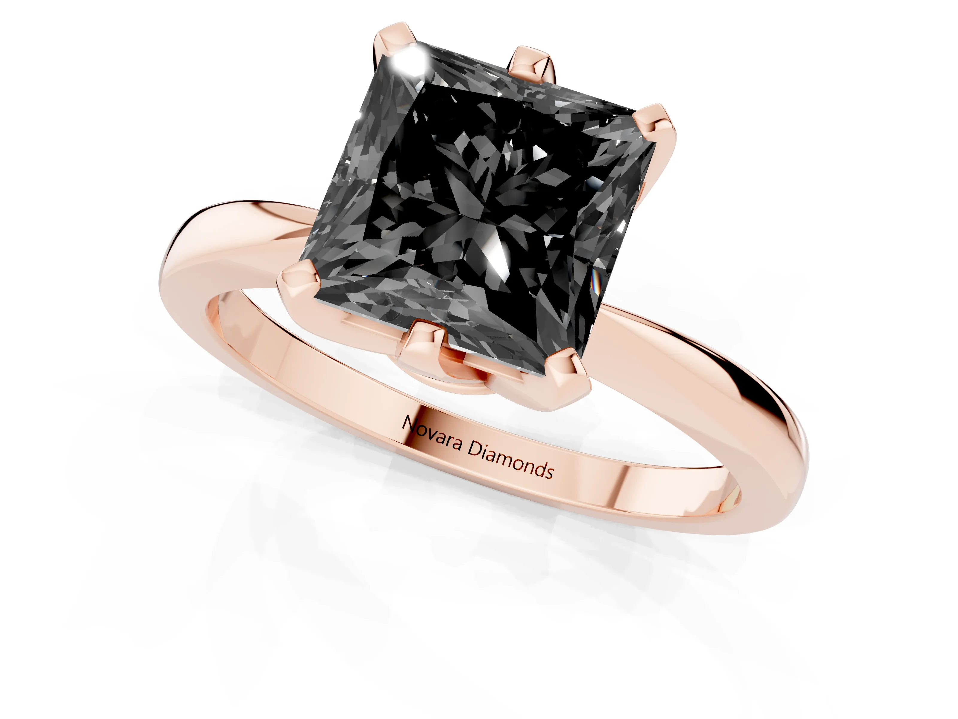 Fancy Black Princess Cut Diamond Solitaire Engagement Ring Set in Rose gold with Slim Tapered Solitaire Band