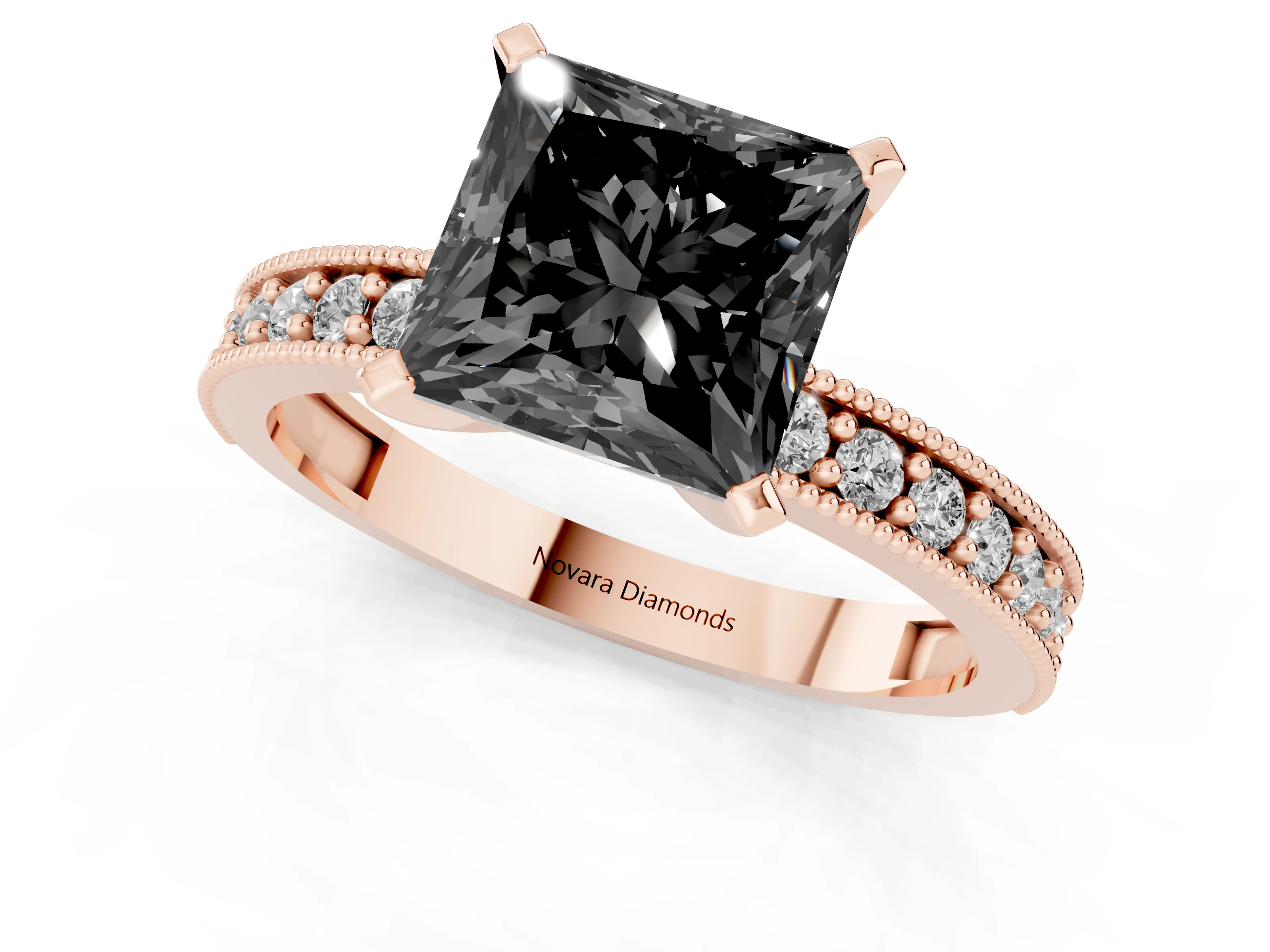 Fancy Black Princess Cut Diamond Milgrain Pavé Engagement Ring Set in Rose gold with Prong Setting