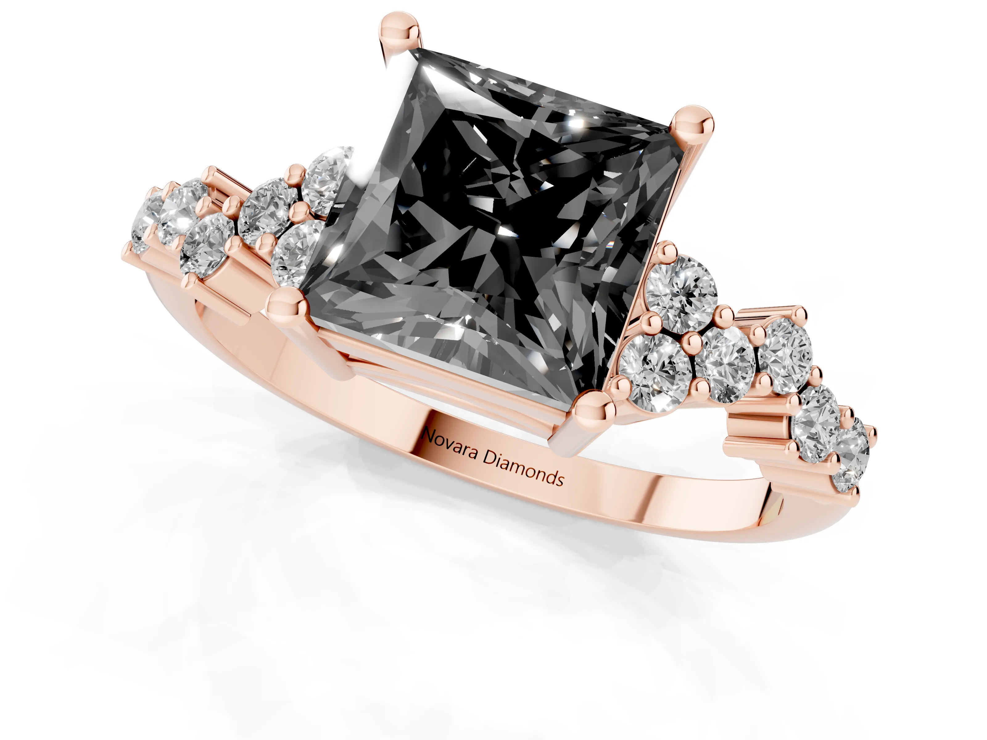 Fancy Black Princess Cut Diamond Ring Set in Rose gold with Scattered Round Accents