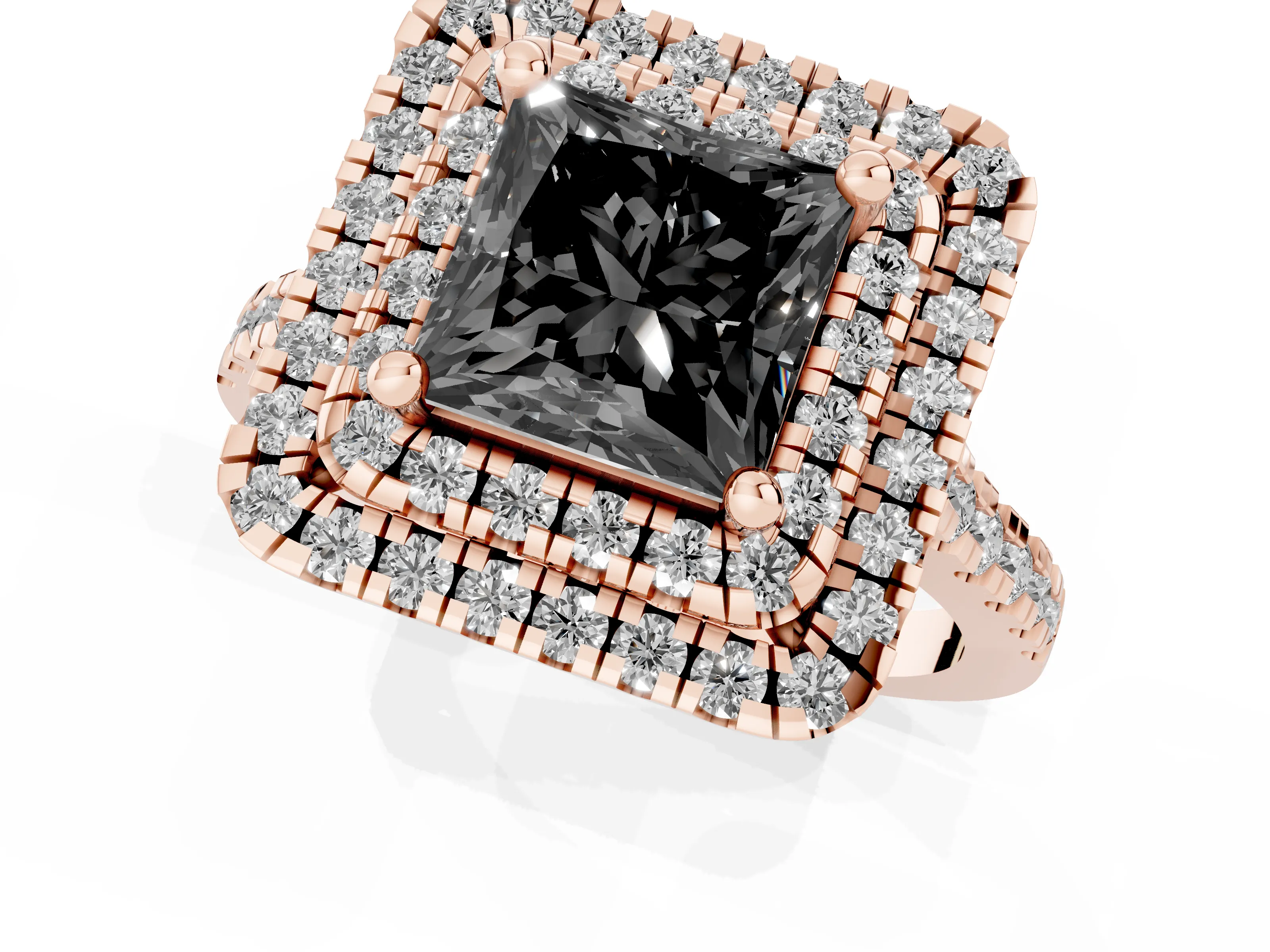 Fancy Black Princess Cut Diamond Double Halo Statement Ring Set in Rose gold with Pavé Band