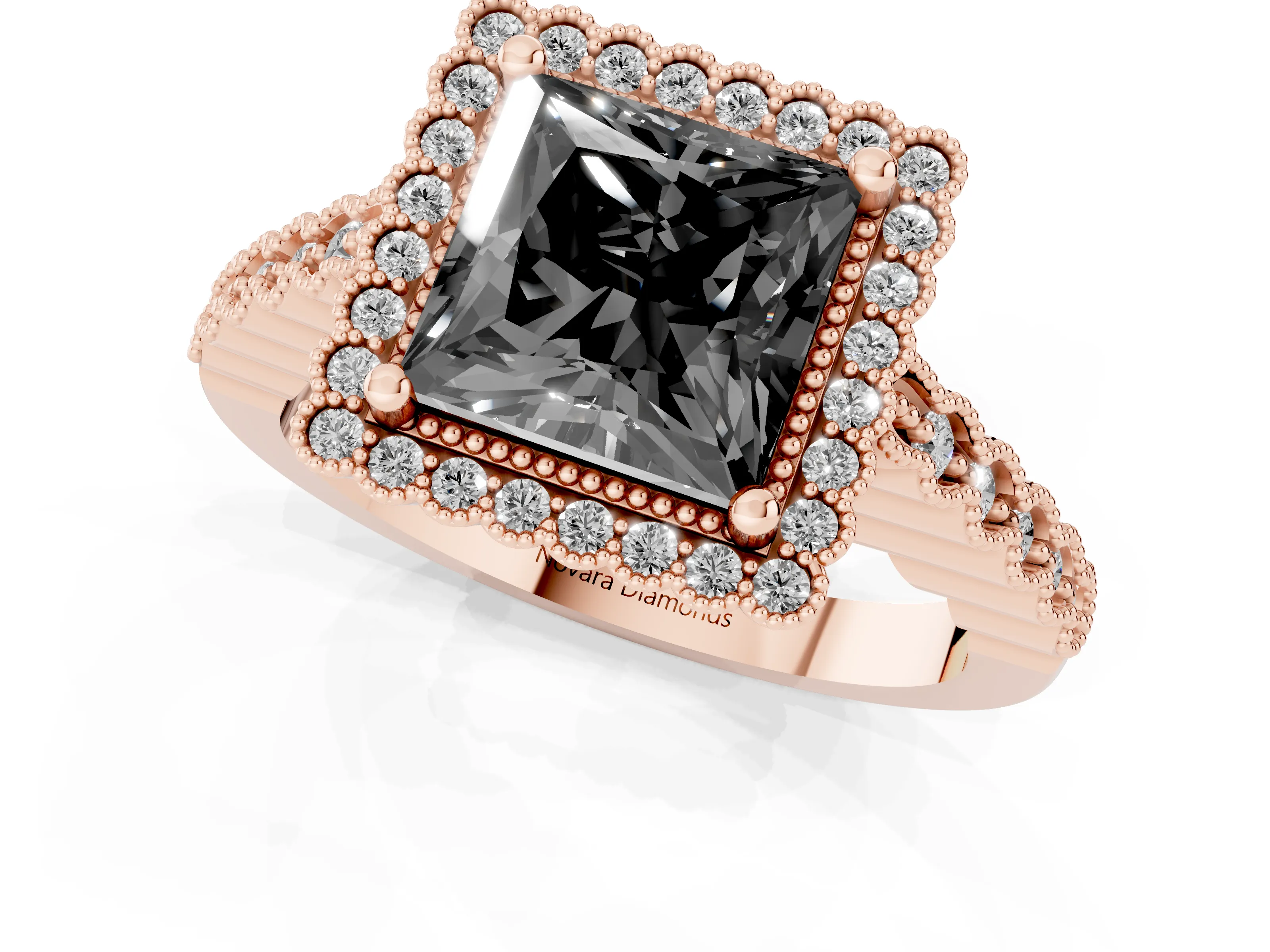 Fancy Black Princess Cut Diamond Halo Ring Set in Rose gold with Pavé Milgrain Band