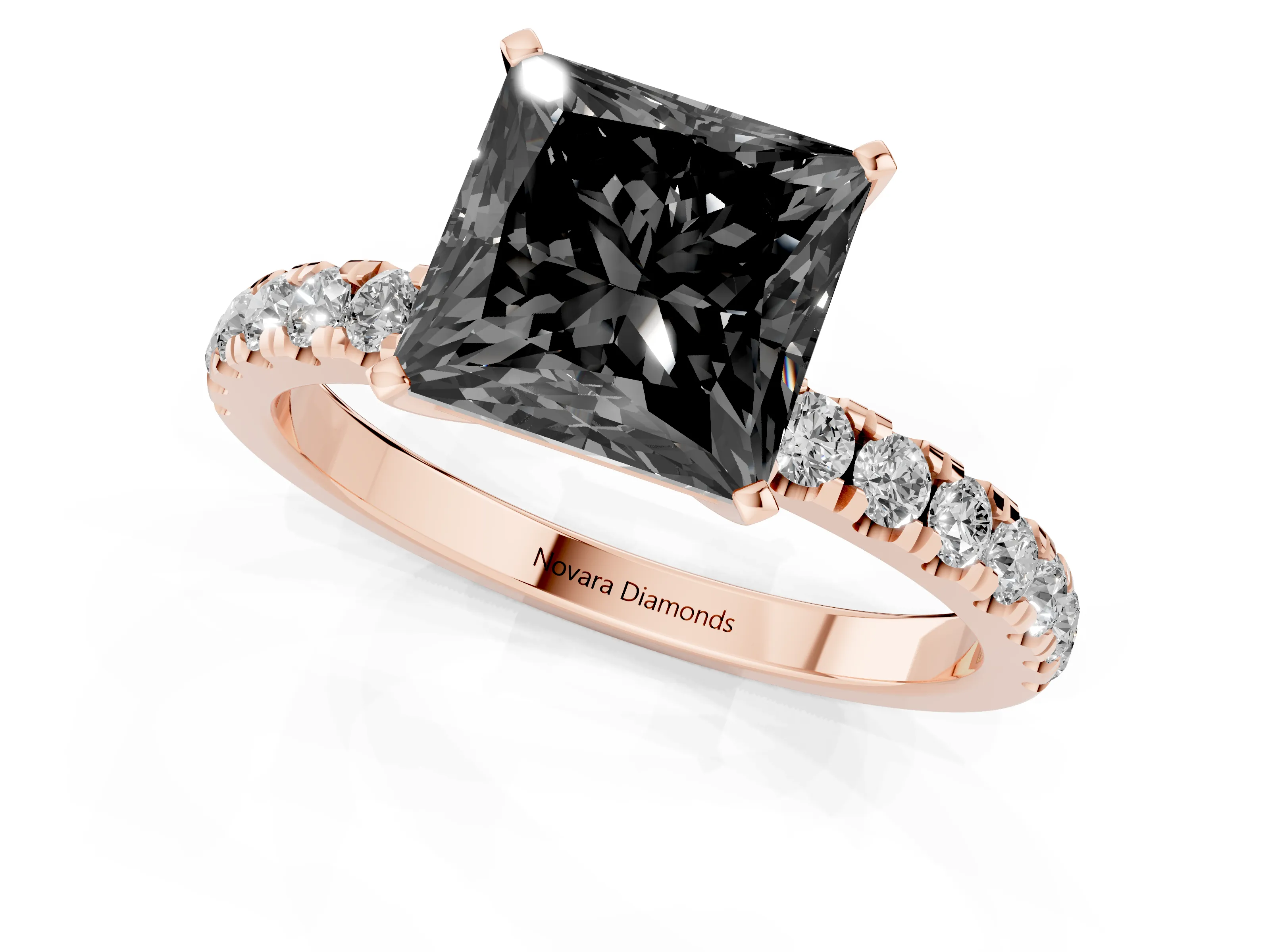 Fancy Black Princess Cut Diamond Solitaire Ring Set in Rose gold with Pavé Accents and Prong Setting