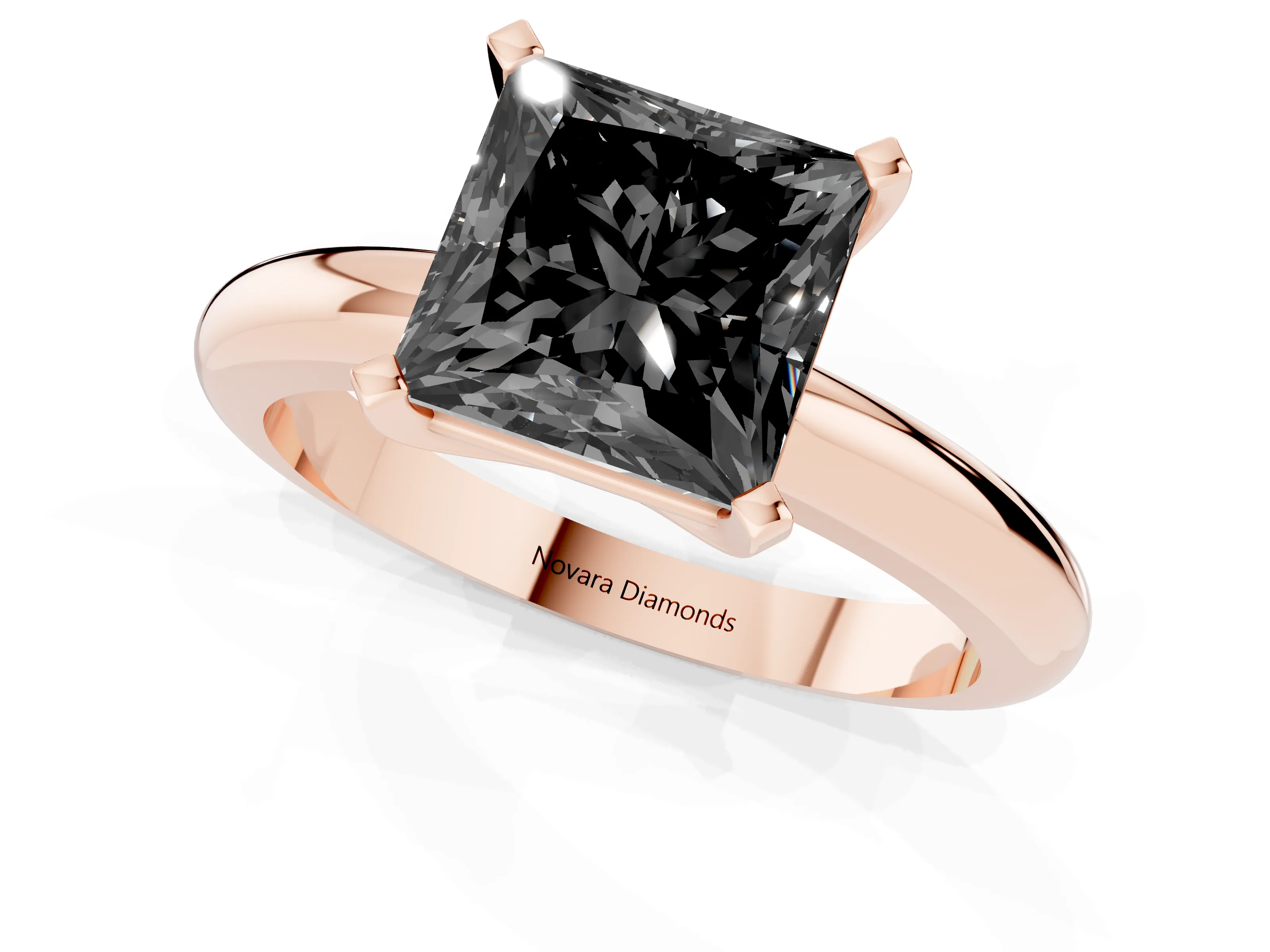Fancy Black Princess Cut Diamond Solitaire Engagement Ring Set in Rose gold with Round Band and Prong Setting