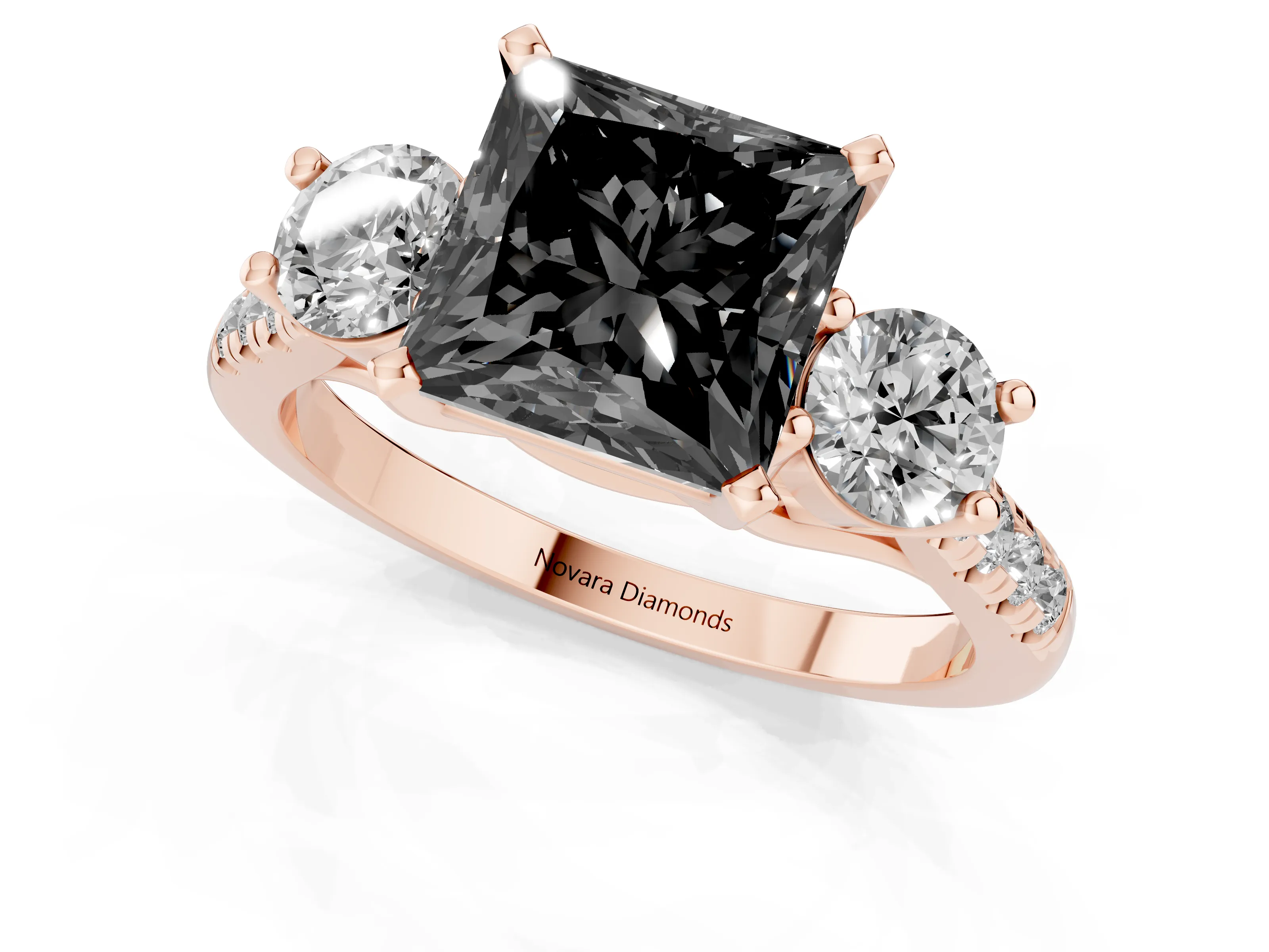 Fancy Black Three-Stone Princess Cut Diamond Pavé Band Ring Set in Rose gold with Prong-Set Trio