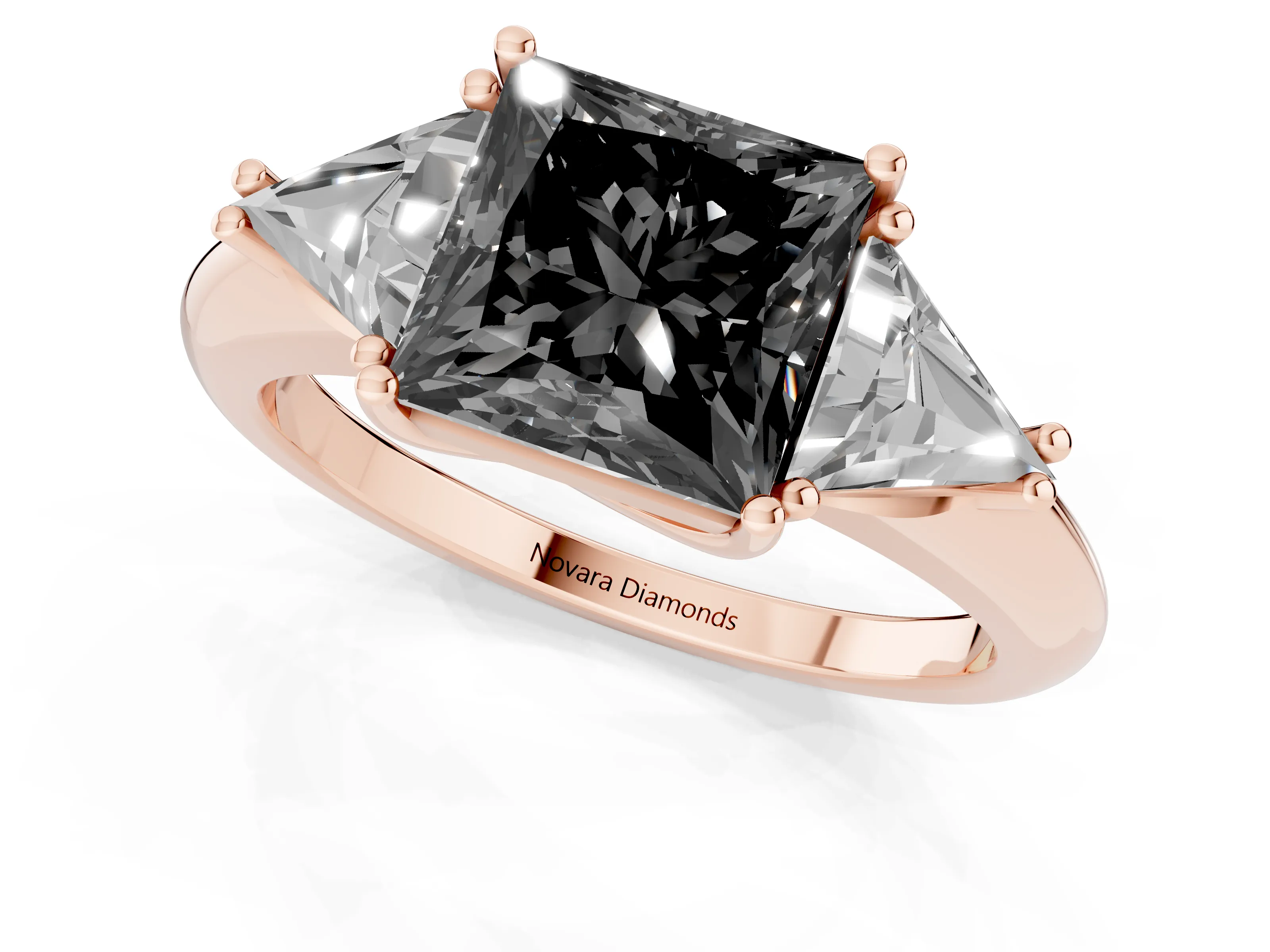 Fancy Black Princess Cut Diamond Three-Stone Engagement Ring Set in Rose gold with Trillion Side Stones