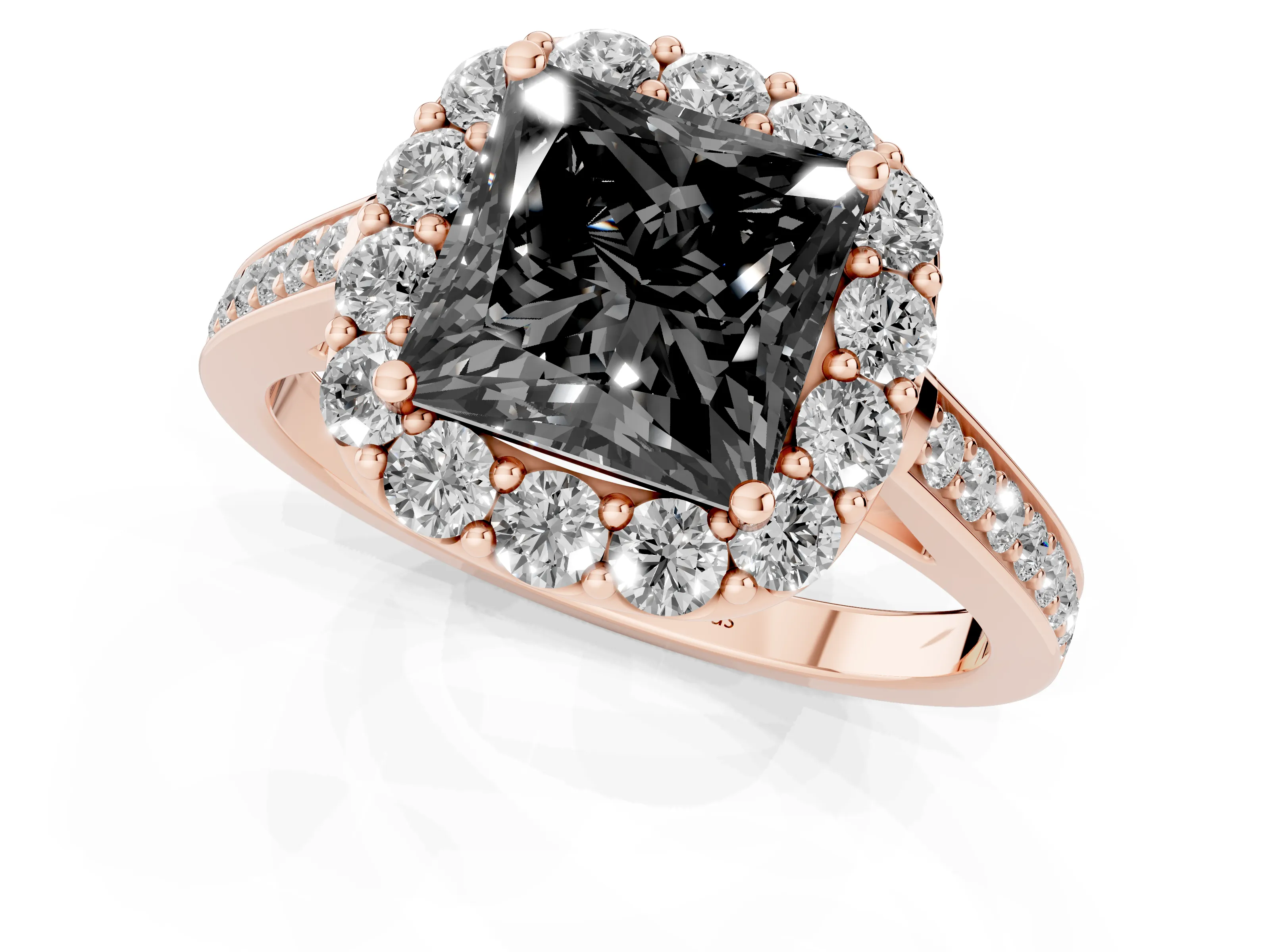 Fancy Black Princess Cut Diamond Floral Halo Ring Set in Rose gold with Pavé Band and Prong Setting