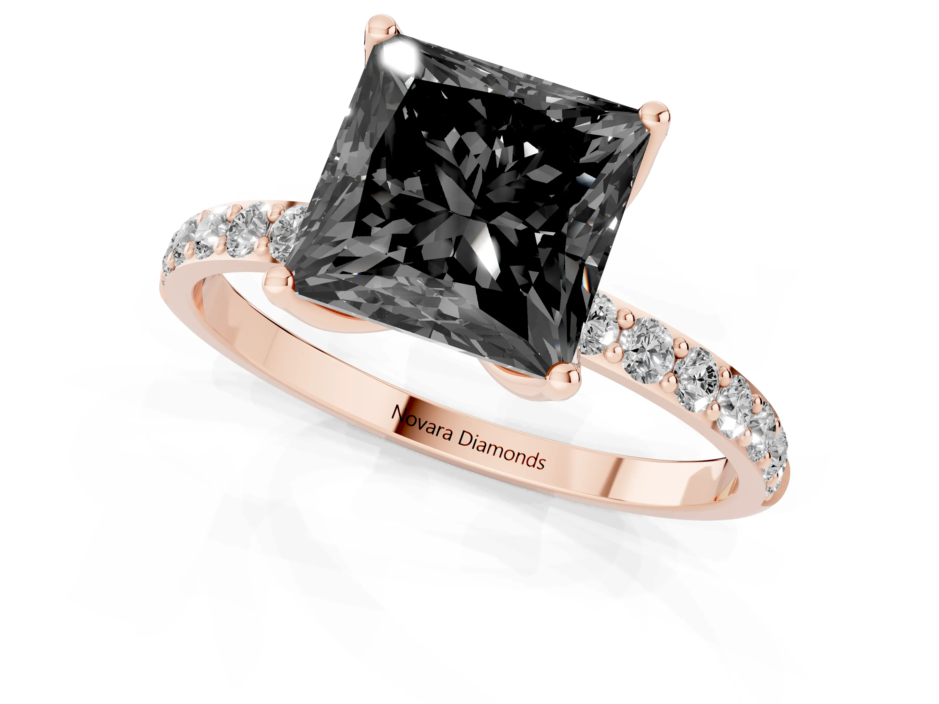 Fancy Black Princess Cut Diamond Solitaire Engagement Ring Set in Rose gold with Round Pavé Band and Prong Setting