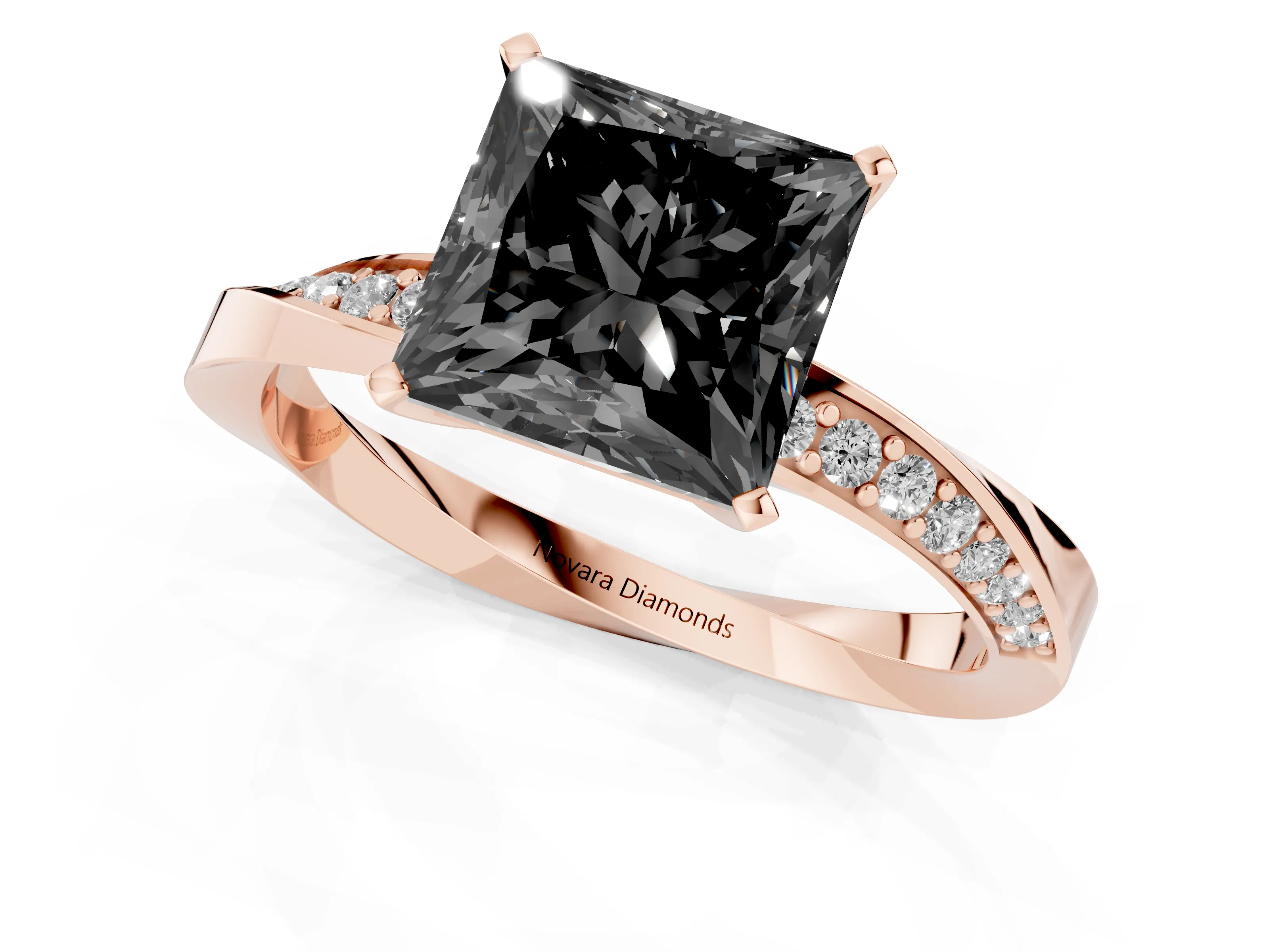 Fancy Black Princess Cut Diamond Engagement Ring Set in Rose gold with Side Stone Accents and Prong Setting