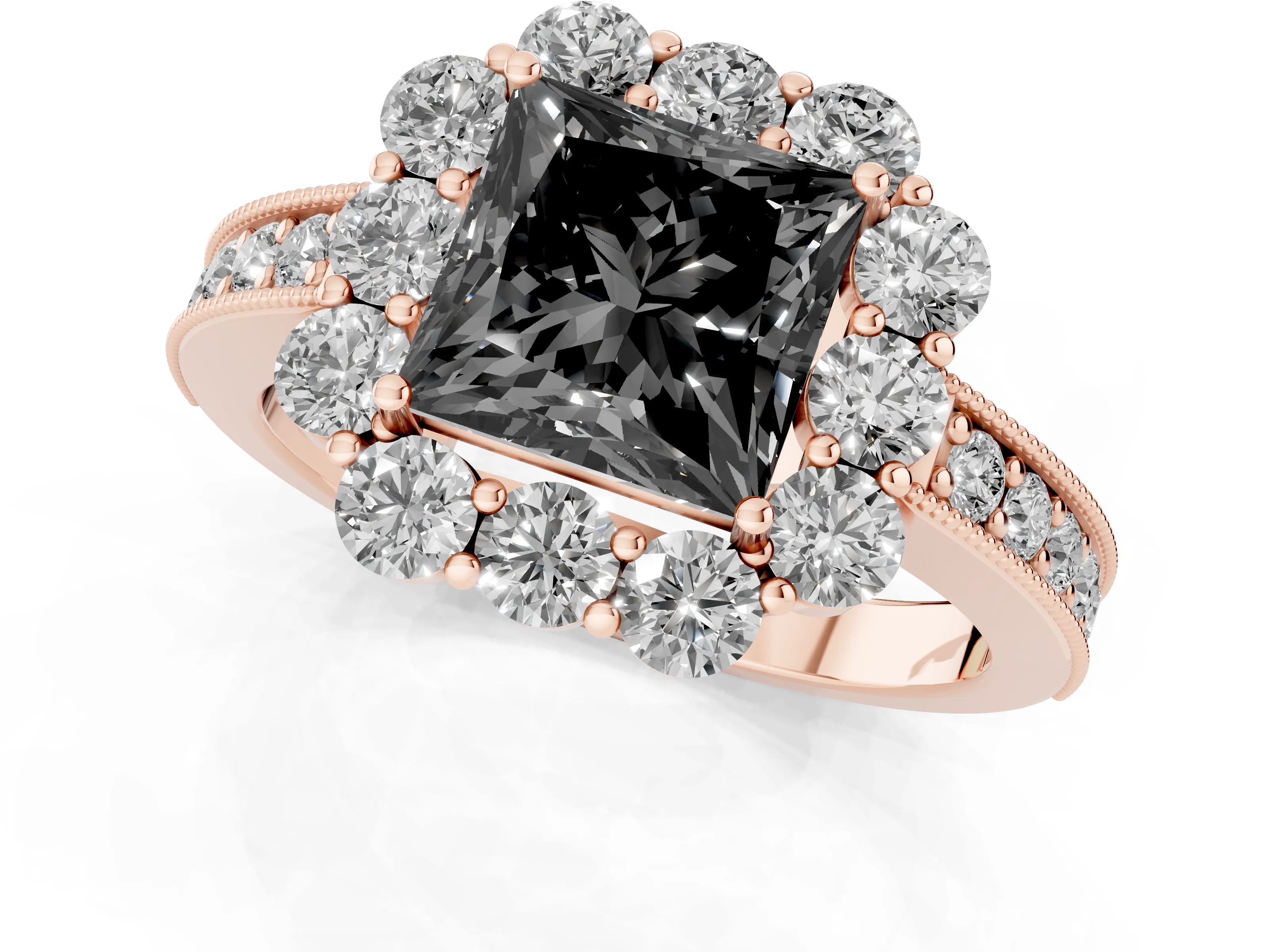 Fancy Black Princess Cut Diamond Halo Pavé Engagement Ring Set in Rose gold with Milgrain Detailing