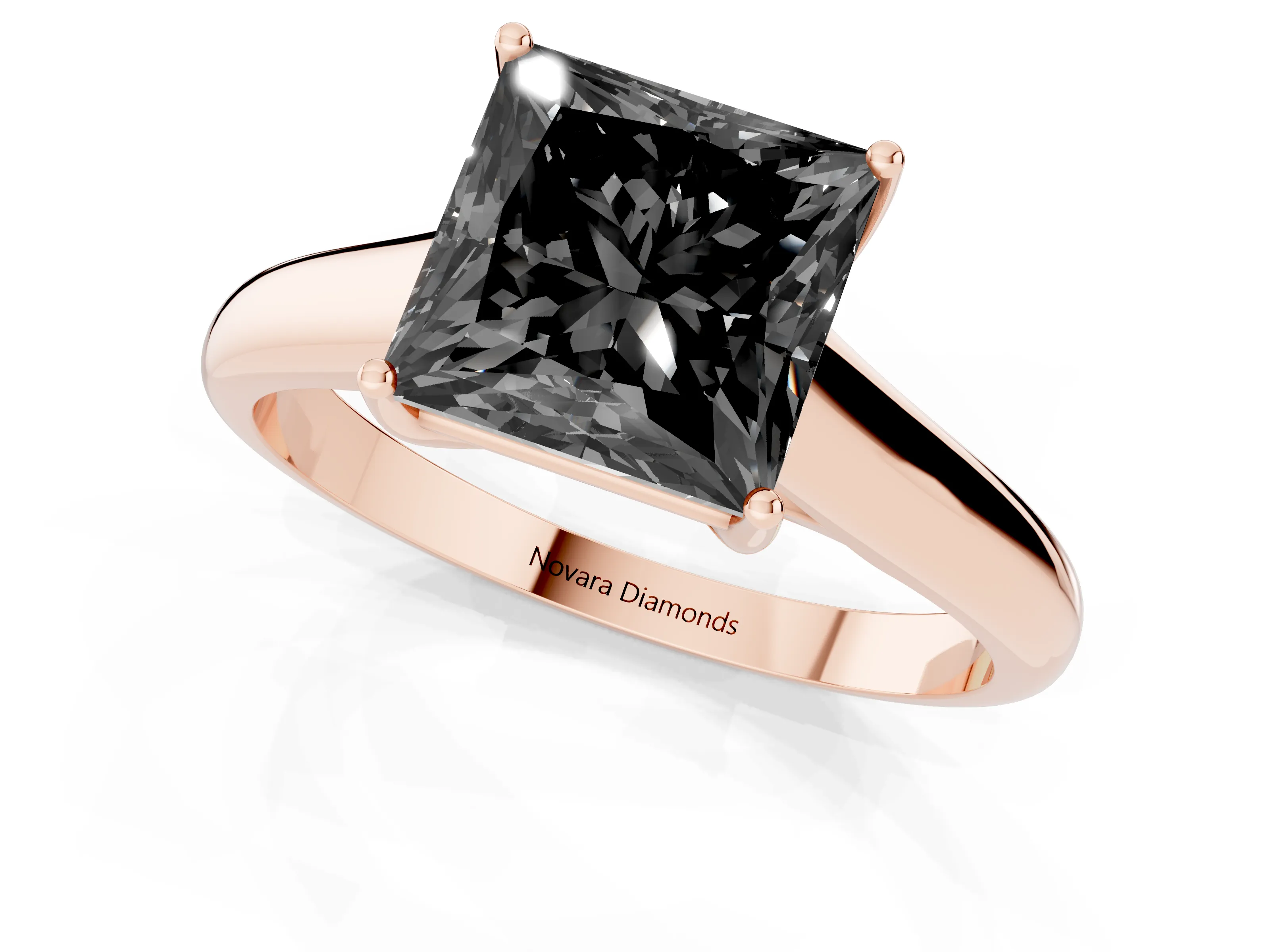 Fancy Black Princess Cut Diamond Solitaire Engagement Ring Set in Rose gold with Subtly Tapered Band and Prong Setting