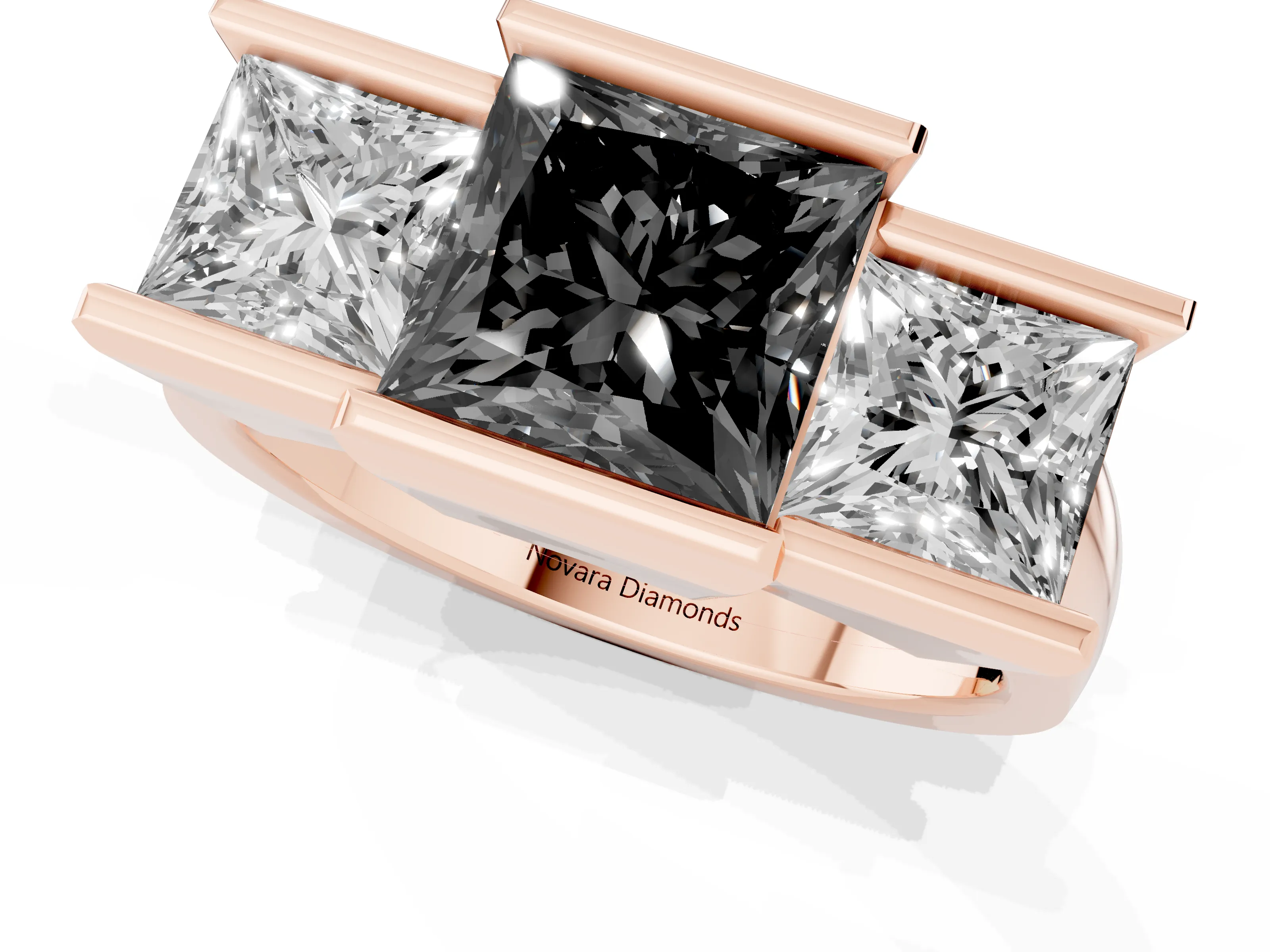 Fancy Black Princess Cut Diamond Three-Stone Channel Set Ring Set in Rose gold with Smooth Polished Band