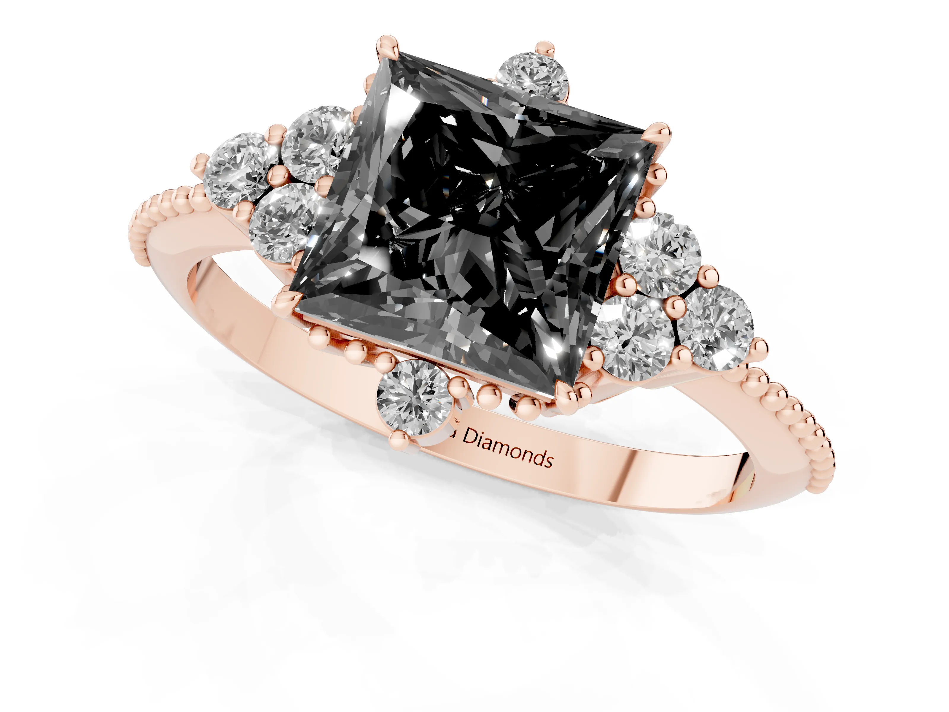 Fancy Black Princess Cut Diamond Cluster Ring Set in Rose gold with Beaded Band