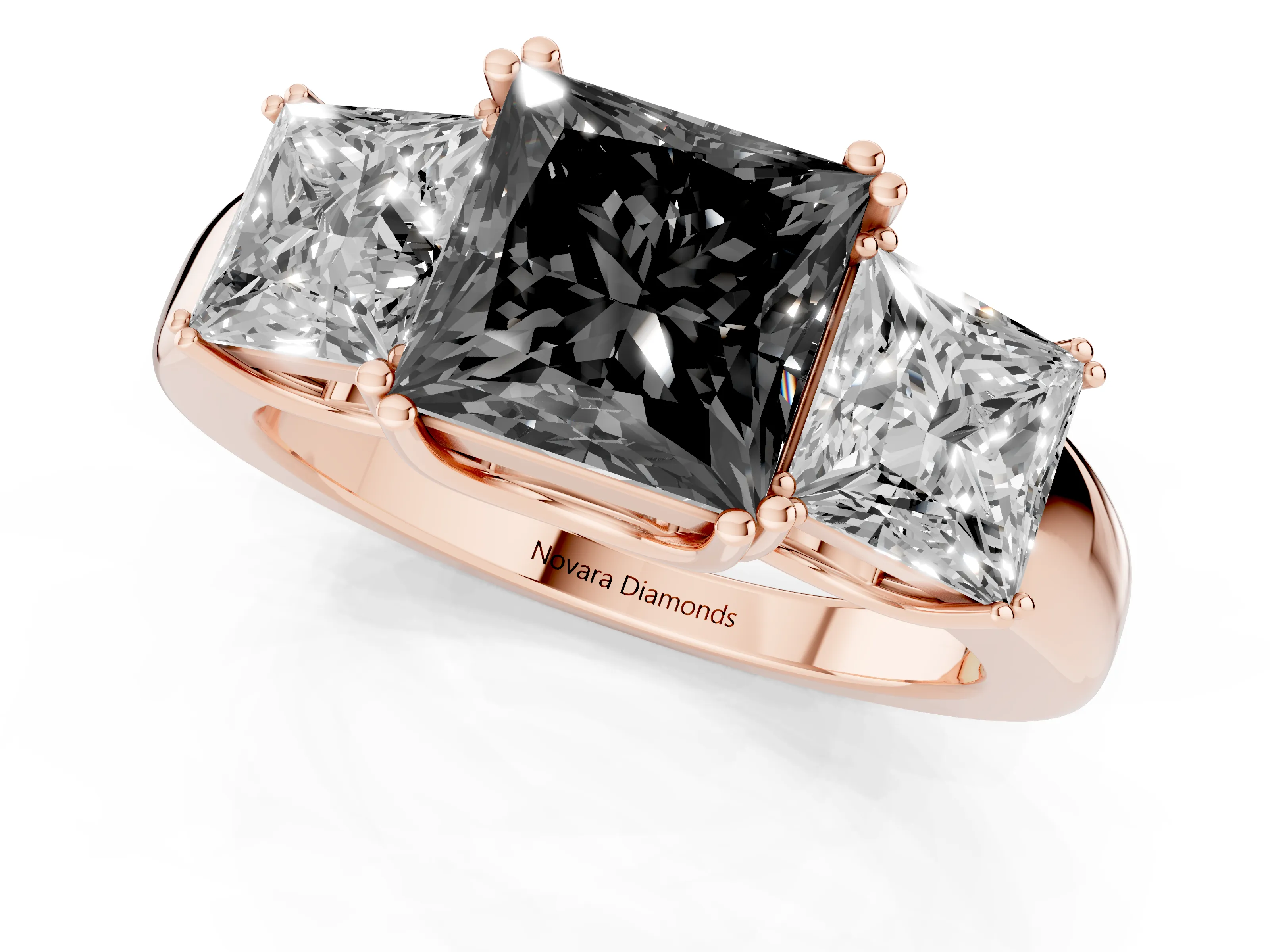 Fancy Black Princess Cut Diamond Three-Stone Ring Set in Rose gold with Polished Channel-Set Band