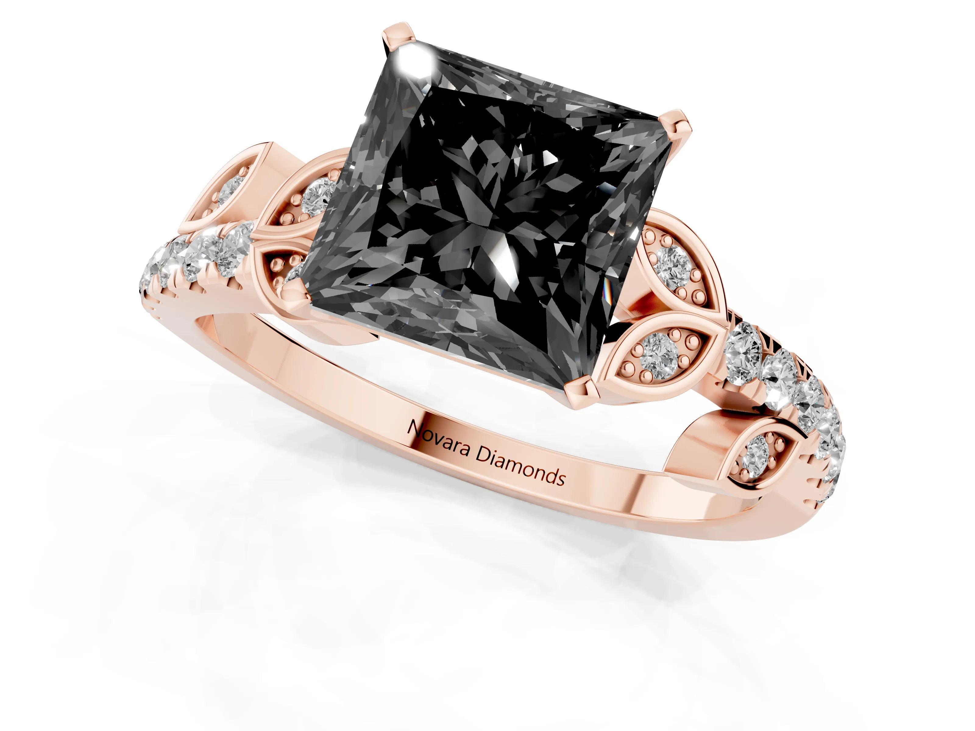 Fancy Black Princess Cut Diamond Solitaire Leaf-Inspired Ring Set in Rose gold with Pavé Band and Prong Setting
