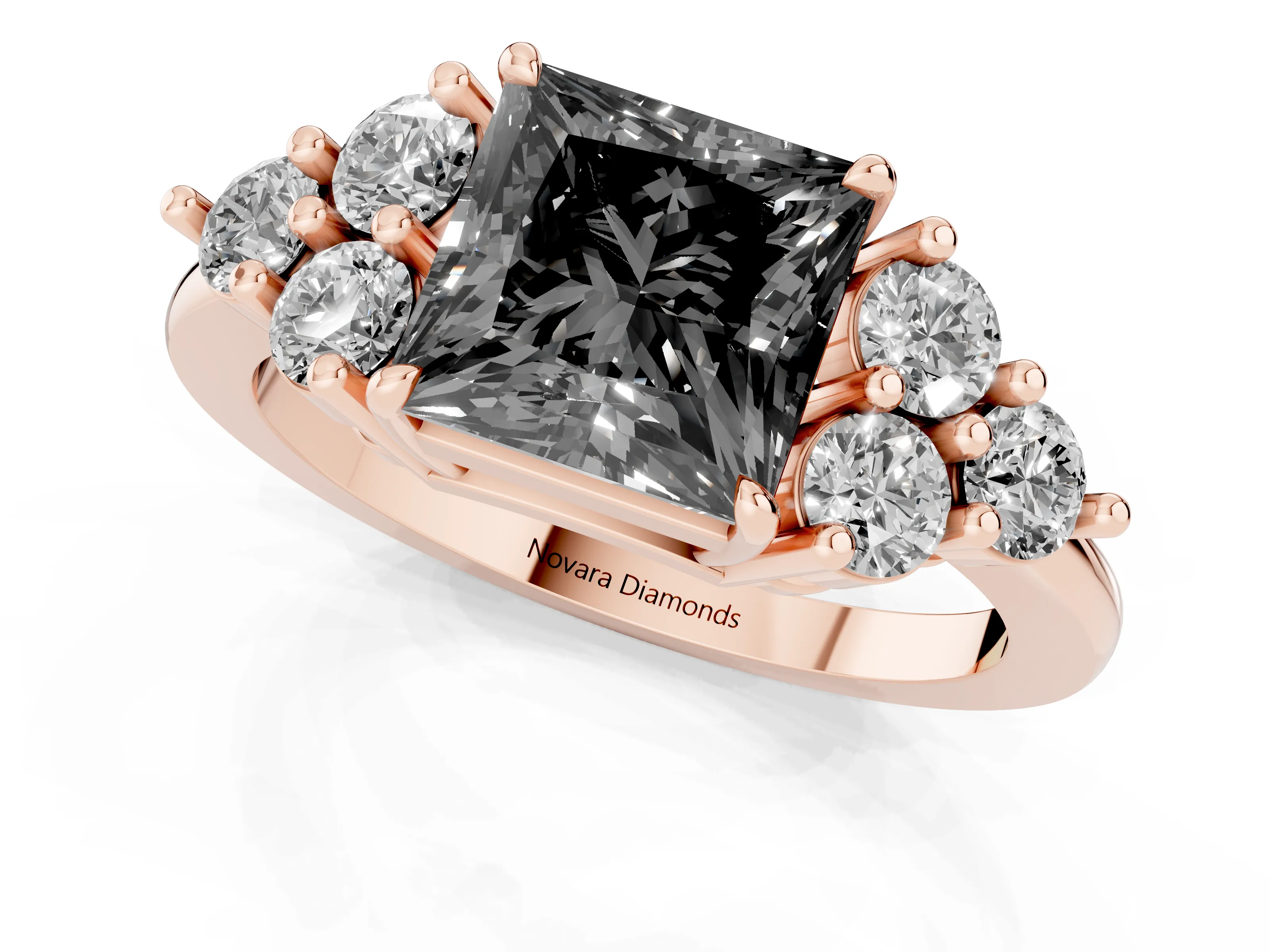 Fancy Black Princess Cut Diamond Solitaire Ring Set in Rose gold with Cluster Accents on Each Side
