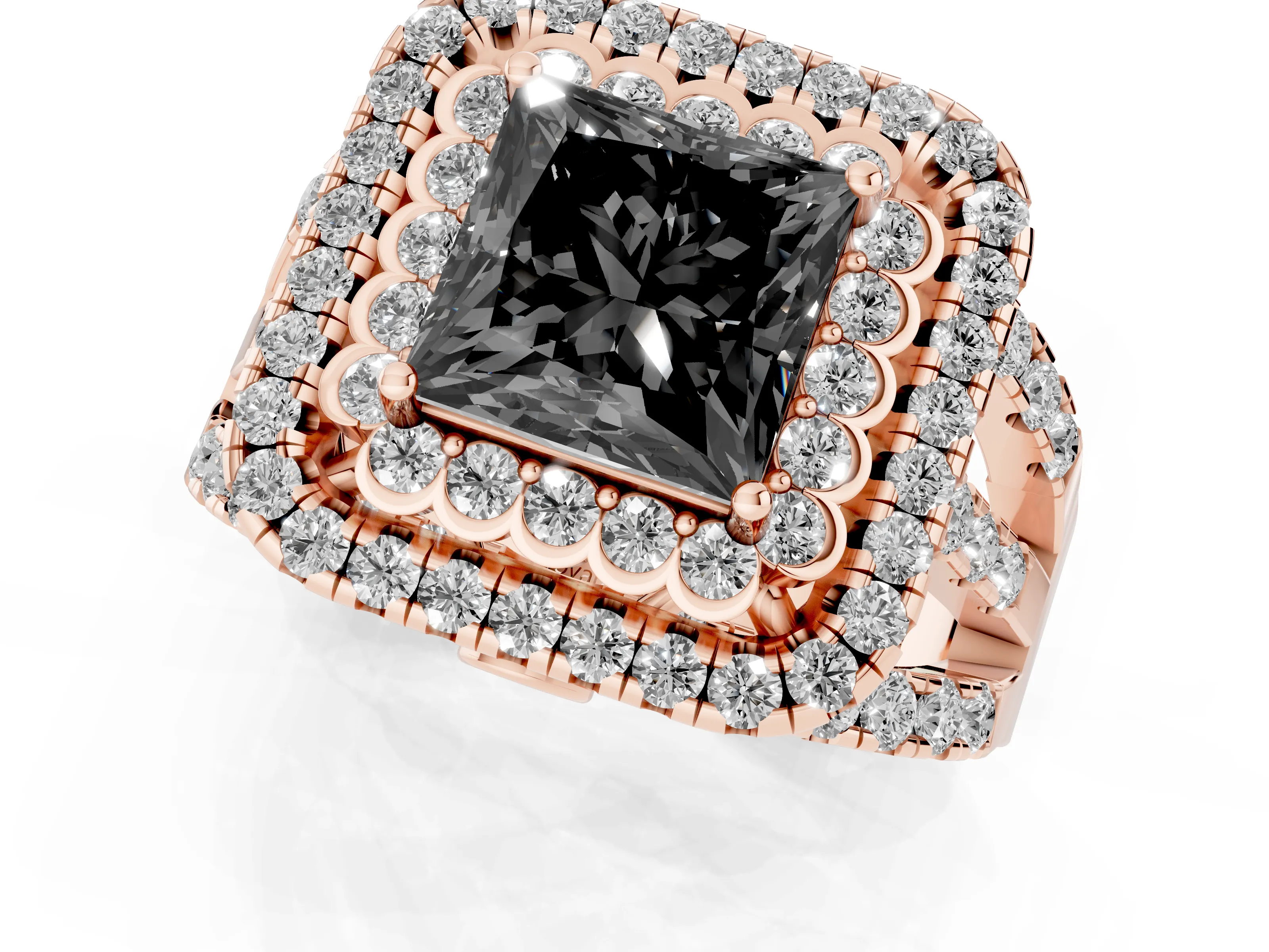 Fancy Black Princess Cut Diamond Double Halo Ring Set in Rose gold with Round Pavé Split Shank