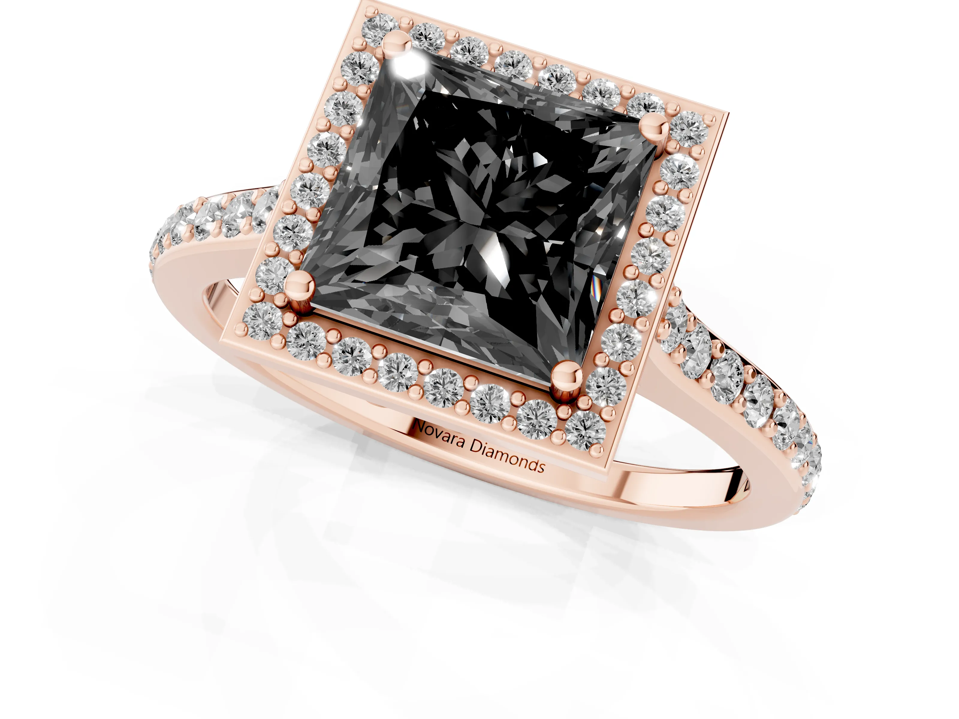 Fancy Black Princess Cut Diamond Halo Engagement Ring Set in Rose gold with Round Pavé Shoulders and Heart Gallery