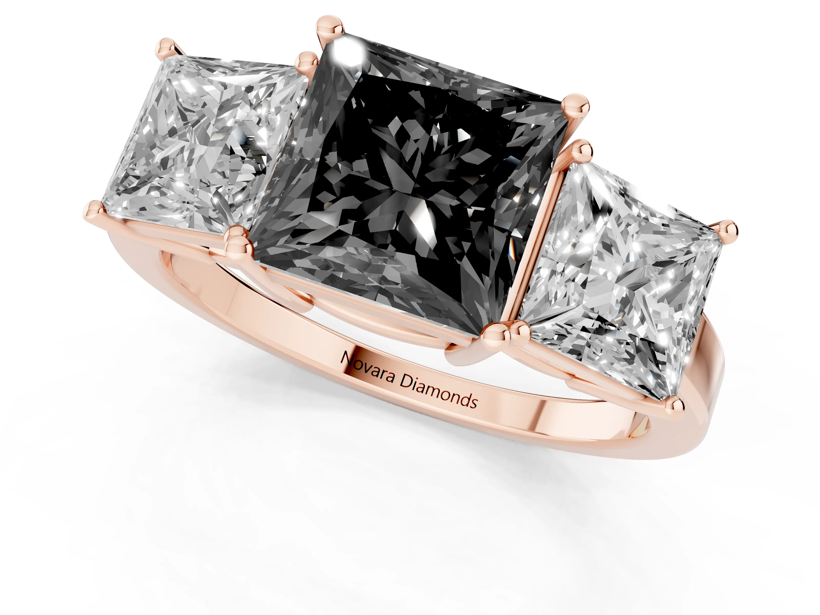 Fancy Black Princess Cut Diamond Three-Stone Engagement Ring Set in Rose gold with Flat Band