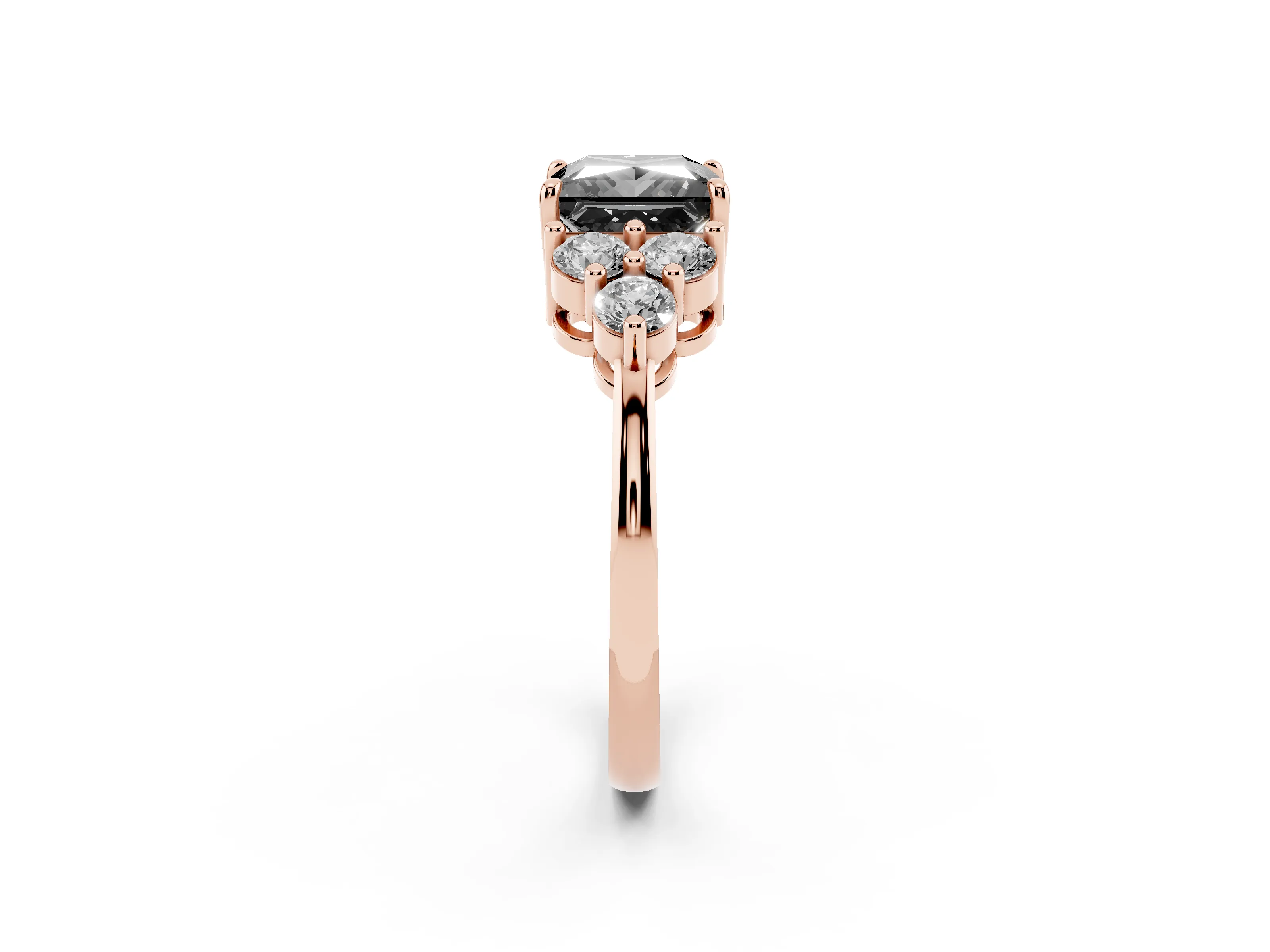 Fancy Black Princess Cut Diamond Solitaire Ring Set in Rose gold with Cluster Accents on Each Side