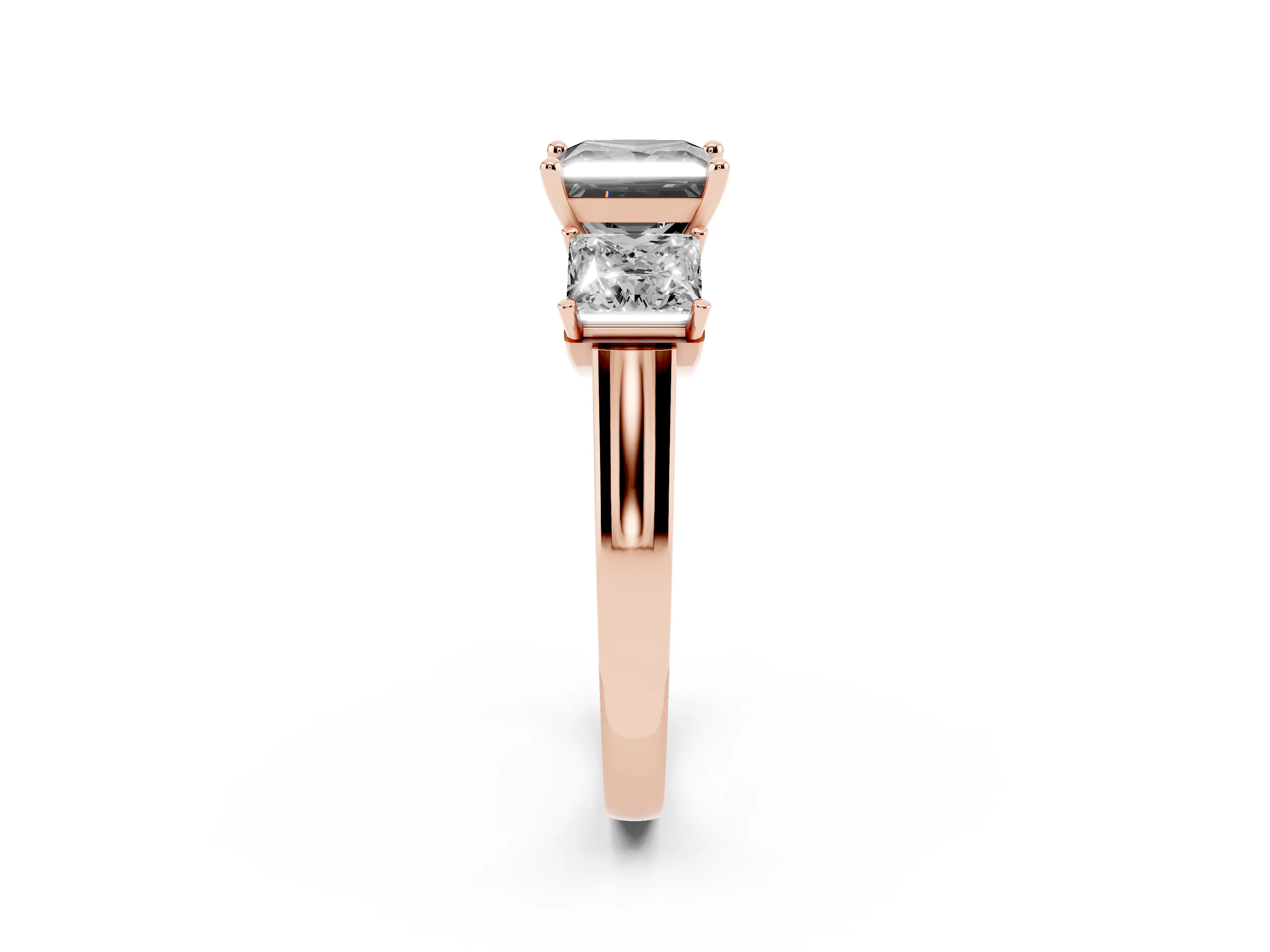 Fancy Black Princess Cut Diamond Three-Stone Trellis Ring Set in Rose gold with Comfort Fit Band