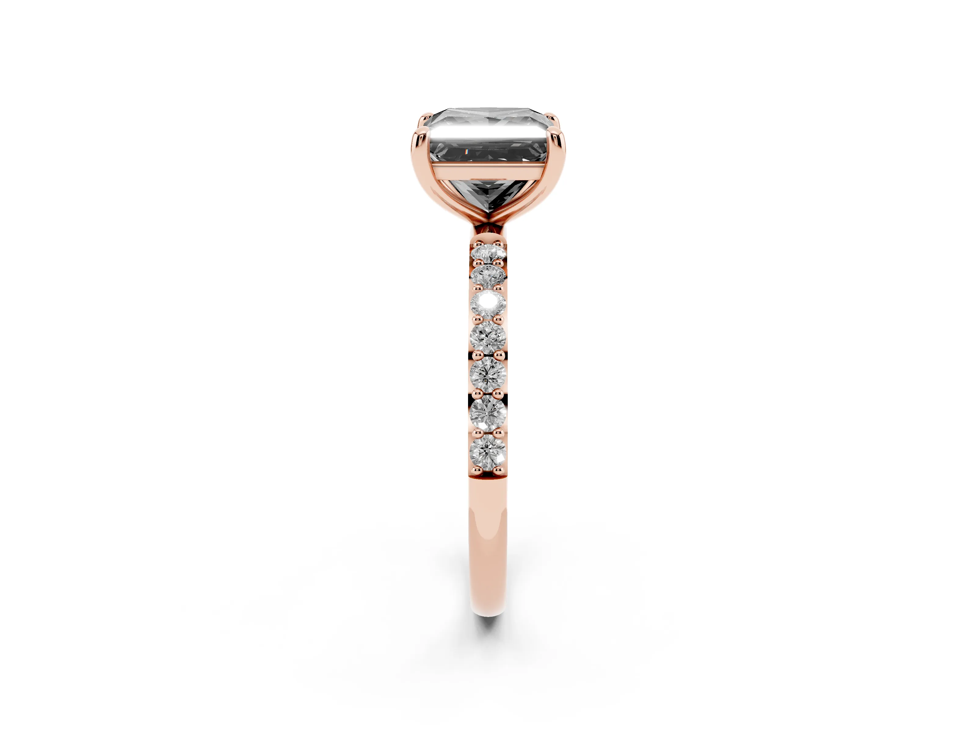 Fancy Black Princess Cut Diamond Solitaire Ring Set in Rose gold with Round Pavé Band and Prong Setting