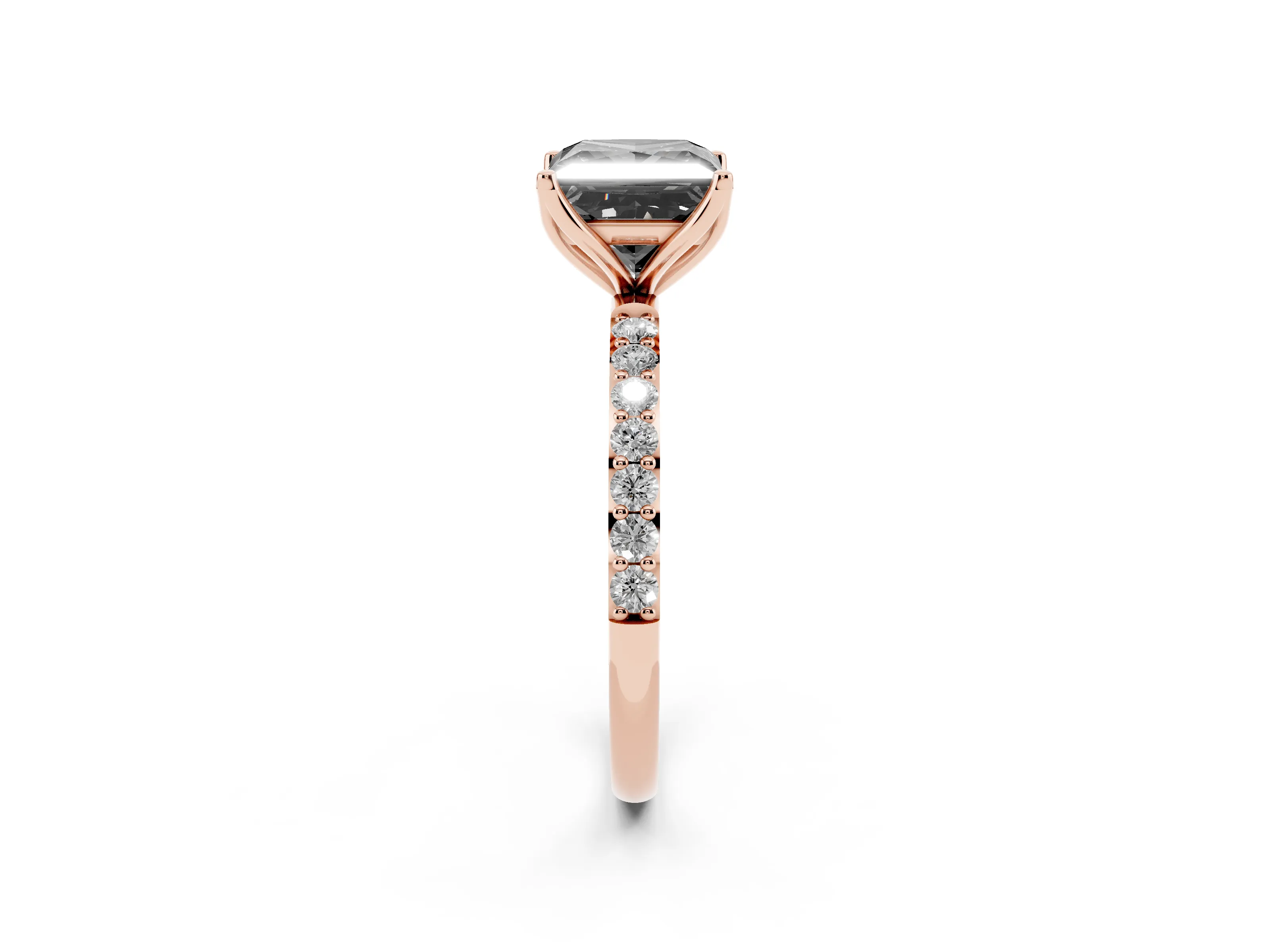Fancy Black Princess Cut Diamond Solitaire Engagement Ring Set in Rose gold with Round Pavé Band and Prong Setting