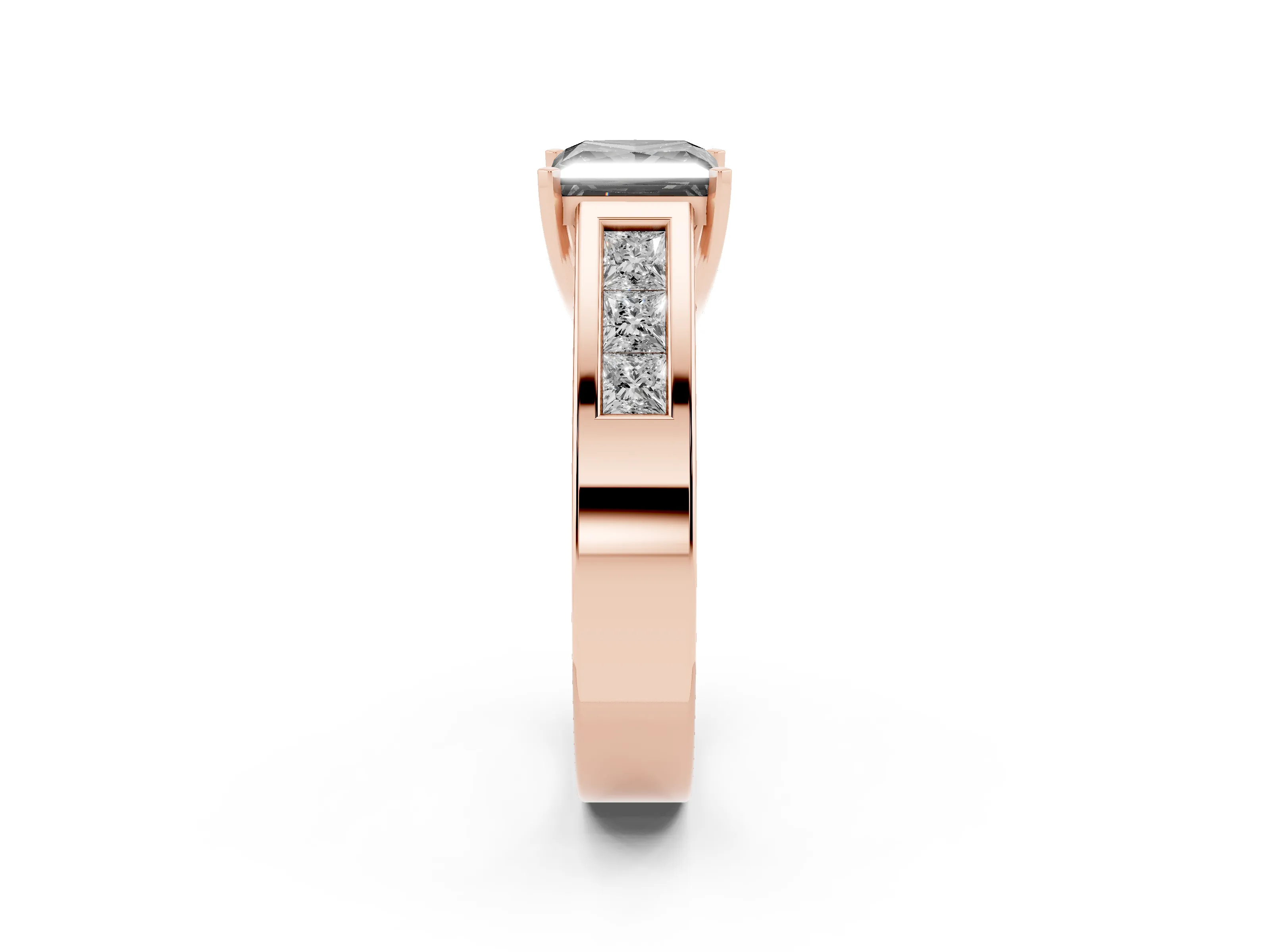 Fancy Black Princess Cut Diamond Solitaire Ring Set in Rose gold with Channel-Set Accent Stones and Prong Setting