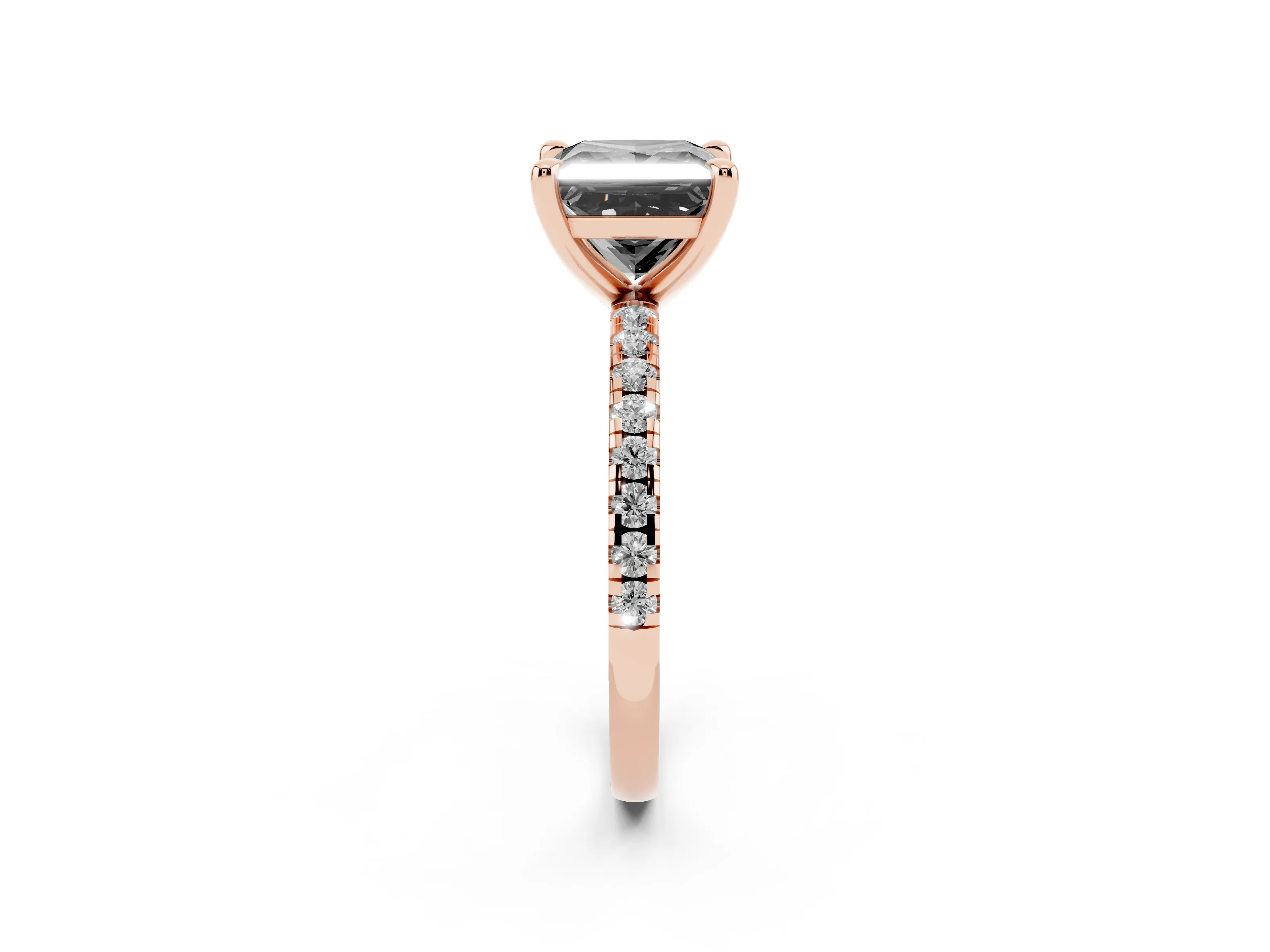 Fancy Black Princess Cut Diamond Brilliant Solitaire Ring Set in Rose gold with Pavé Band and Prong Setting