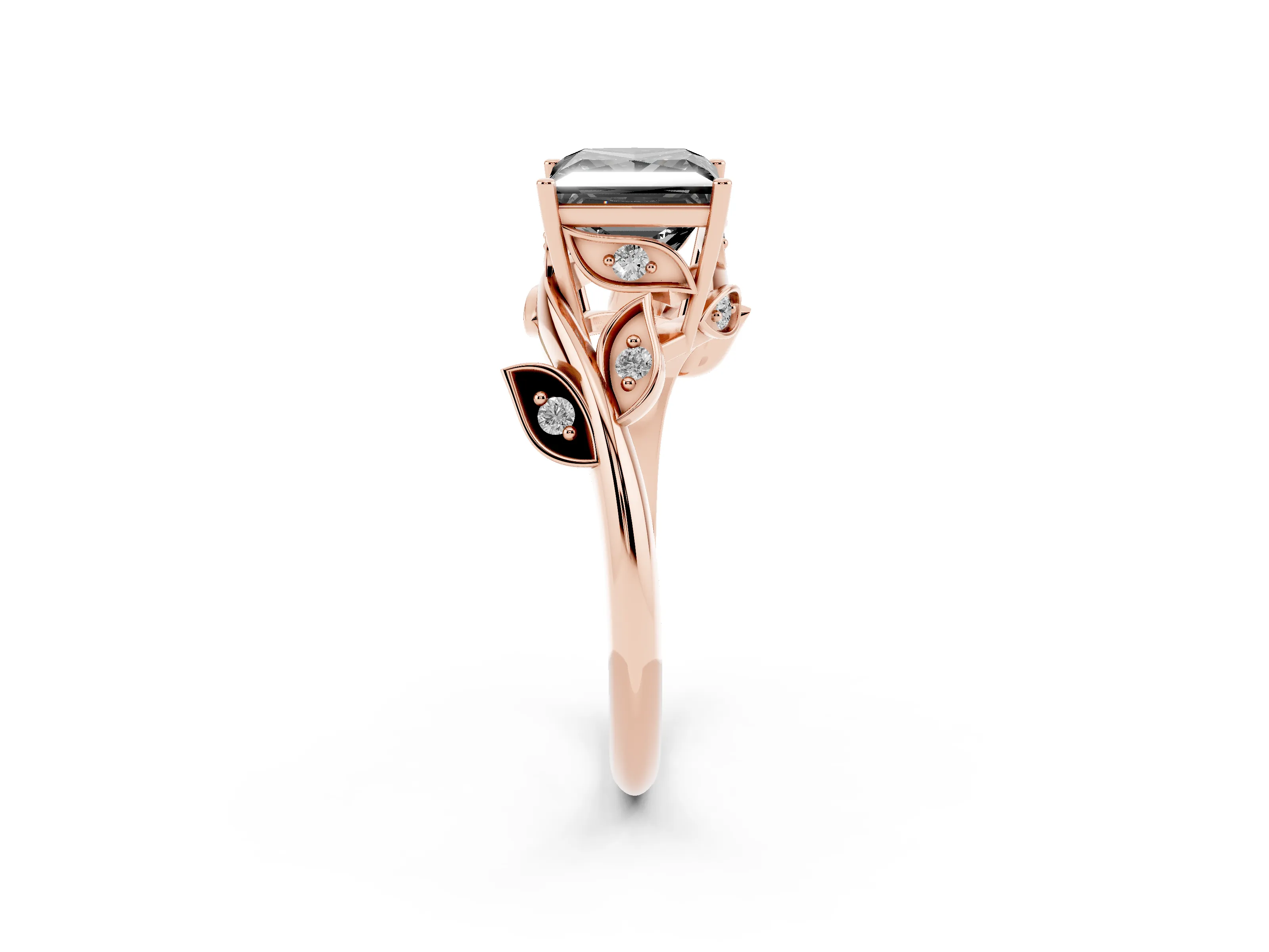 Fancy Black Princess Cut Diamond Solitaire Twist Engagement Ring Set in Rose gold with Pavé Leaf Accents