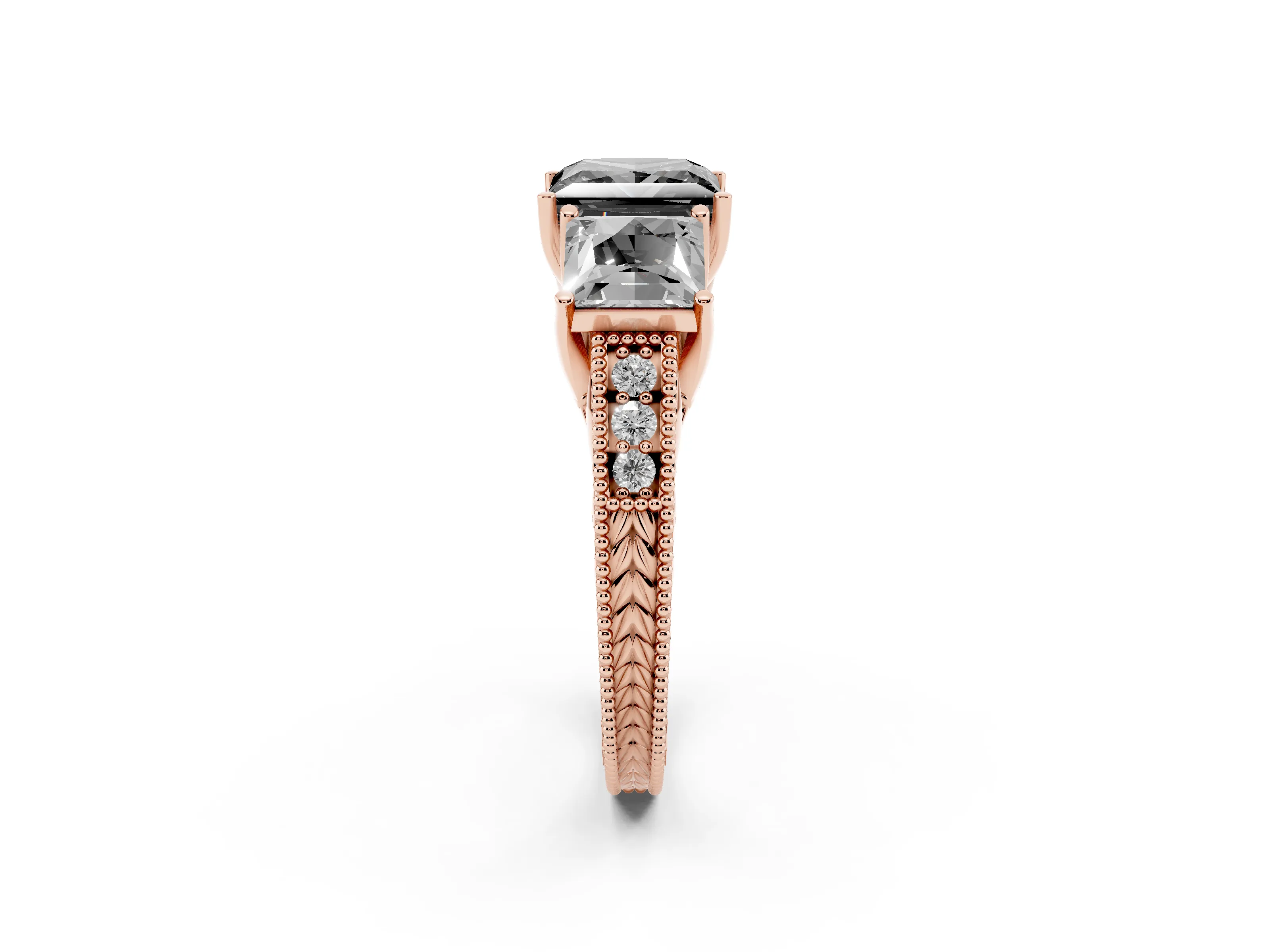 Fancy Black Princess Cut Diamond Three-Stone Engagement Ring Set in Rose gold with Milgrain Pavé Band