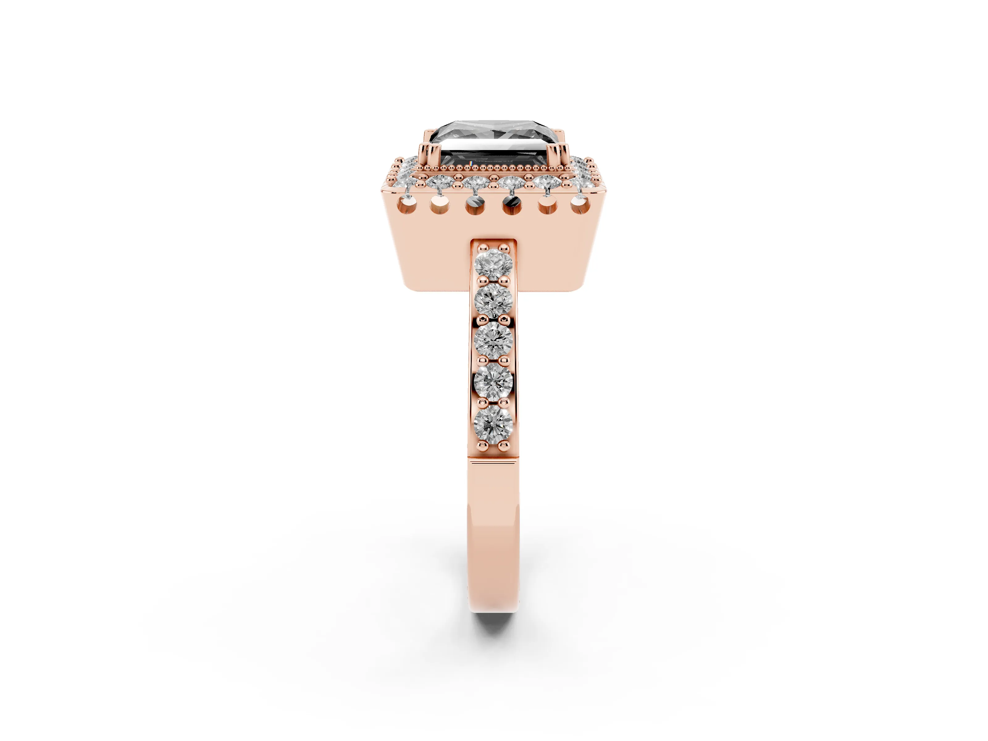 Fancy Black Princess Cut Diamond Halo Ring Set in Rose gold with Pavé Shank and Prong Setting