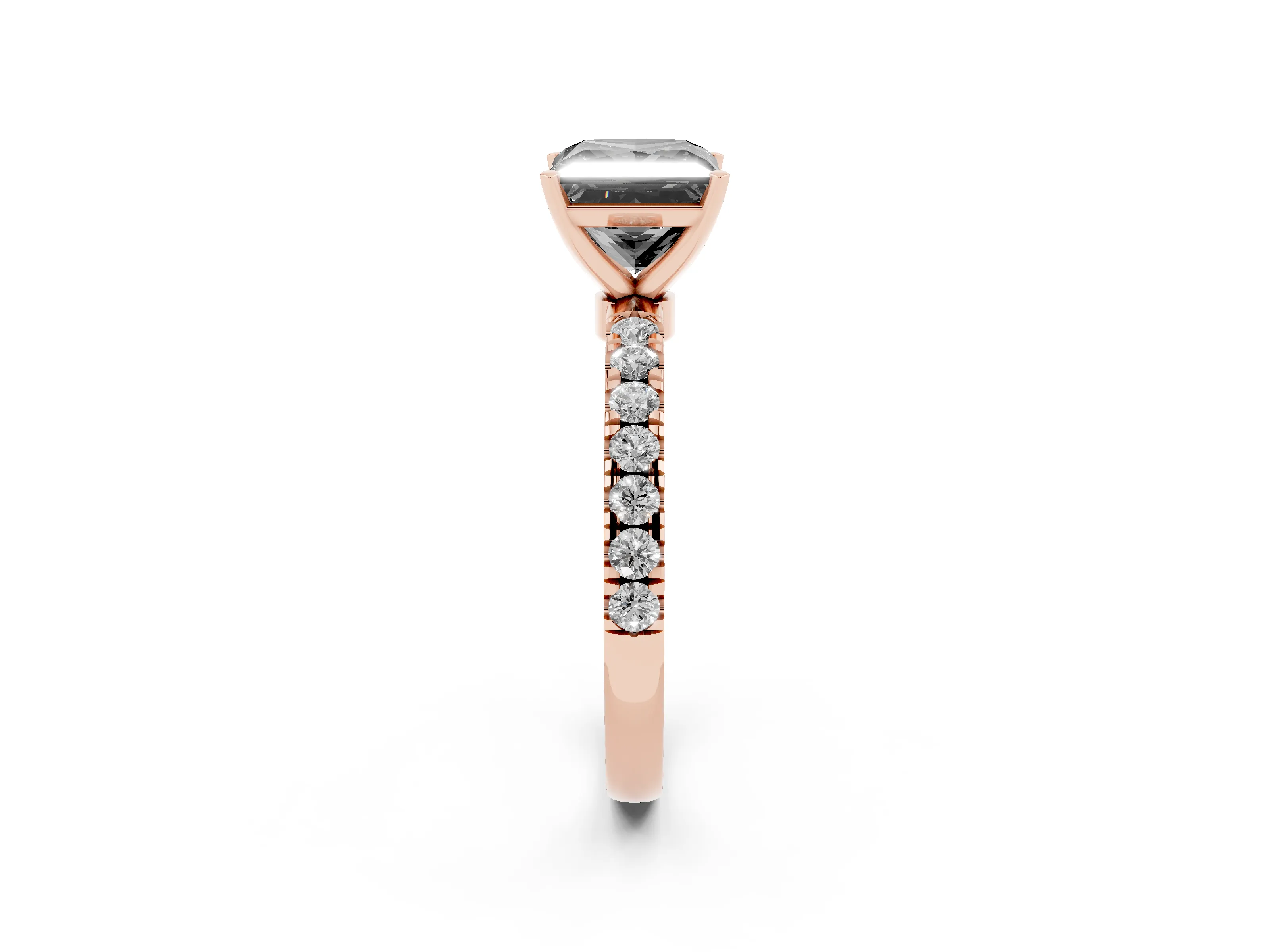 Fancy Black Princess Cut Diamond Solitaire Ring Set in Rose gold with Pavé Accents and Prong Setting