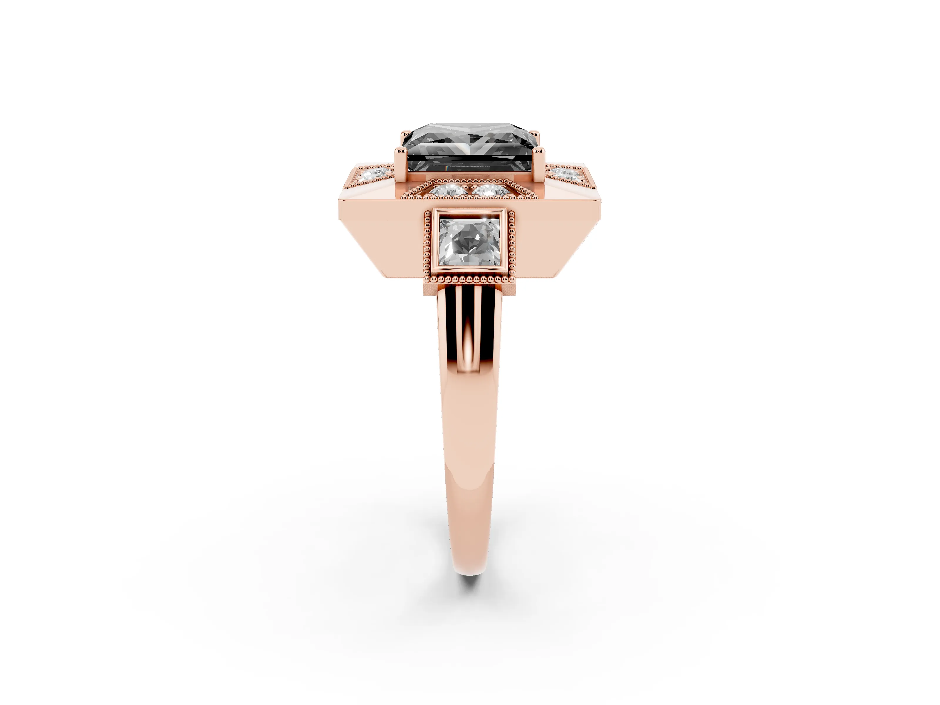 Fancy Black Princess Cut Diamond Milgrain Halo Ring Set in Rose gold with Split Shank