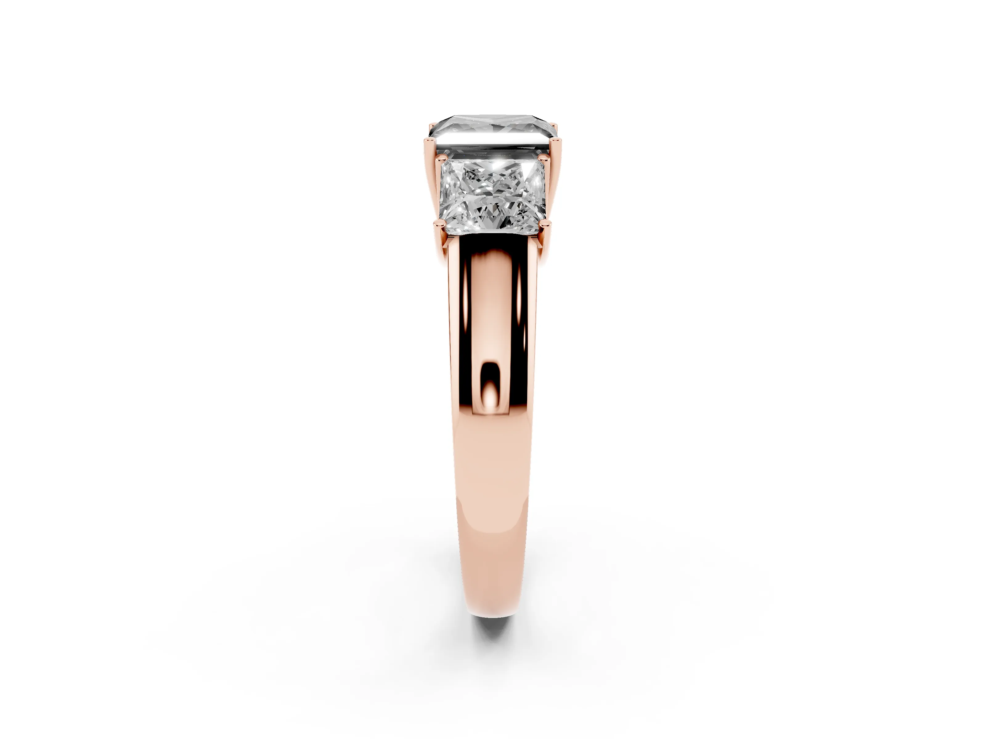 Fancy Black Three-Stone Princess Cut Diamond Ring Set in Rose gold with Matching Prong Settings and Plain Band