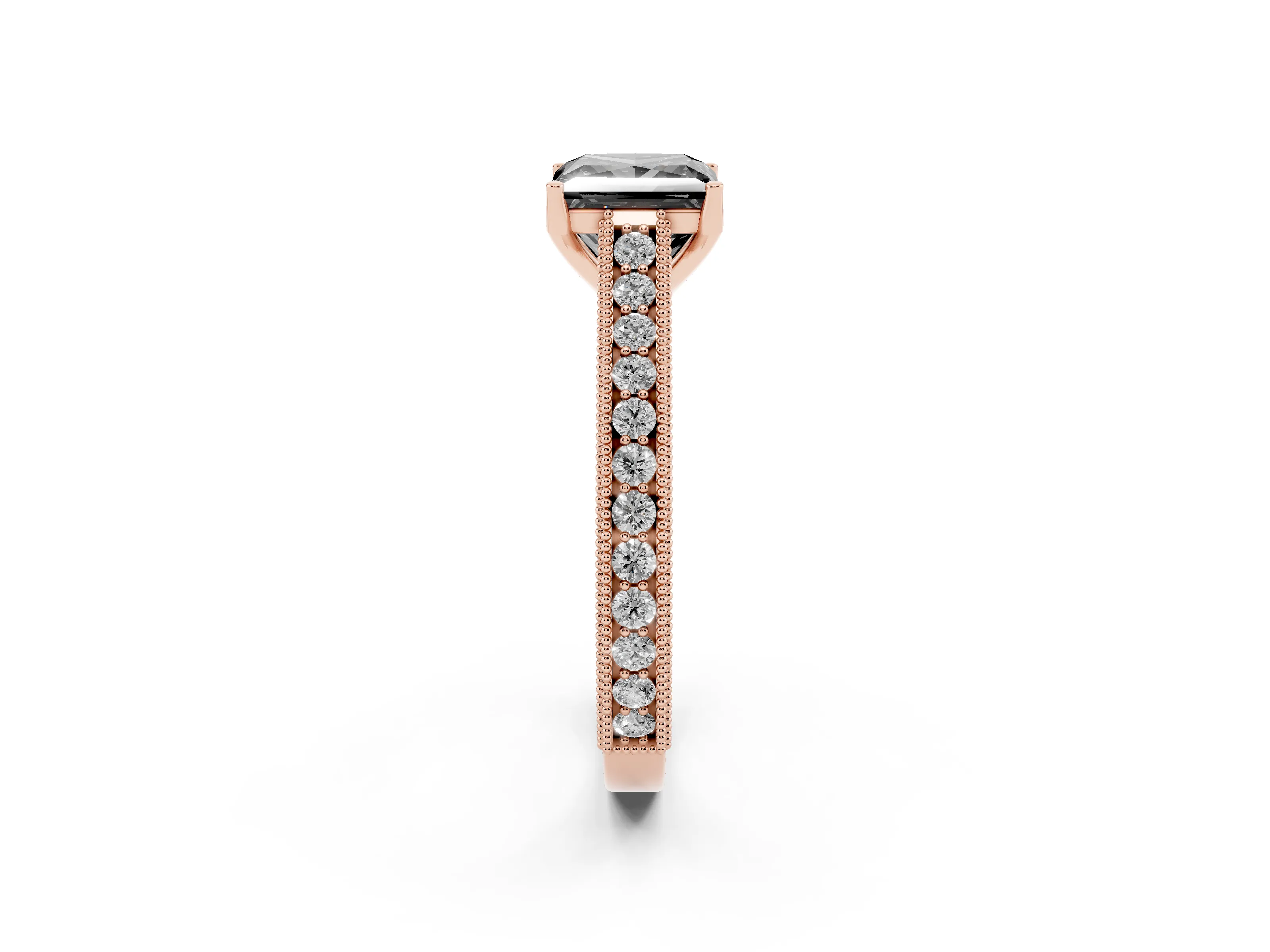 Fancy Black Princess Cut Diamond Milgrain Pavé Band Solitaire Ring Set in Rose gold with Prong Setting