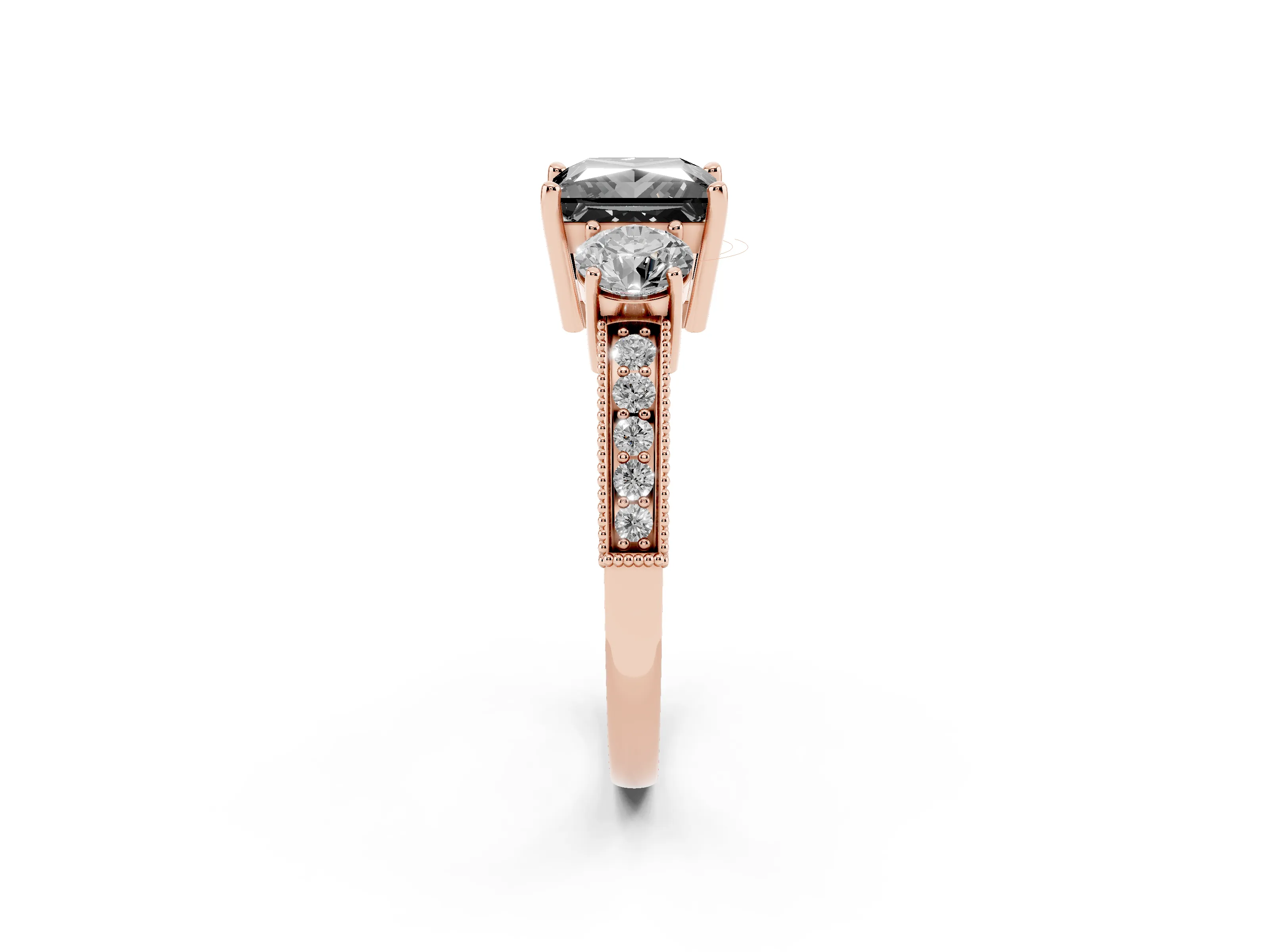Fancy Black Princess Cut Diamond Three-Stone Ring Set in Rose gold with Round Side Stones and Pavé Band