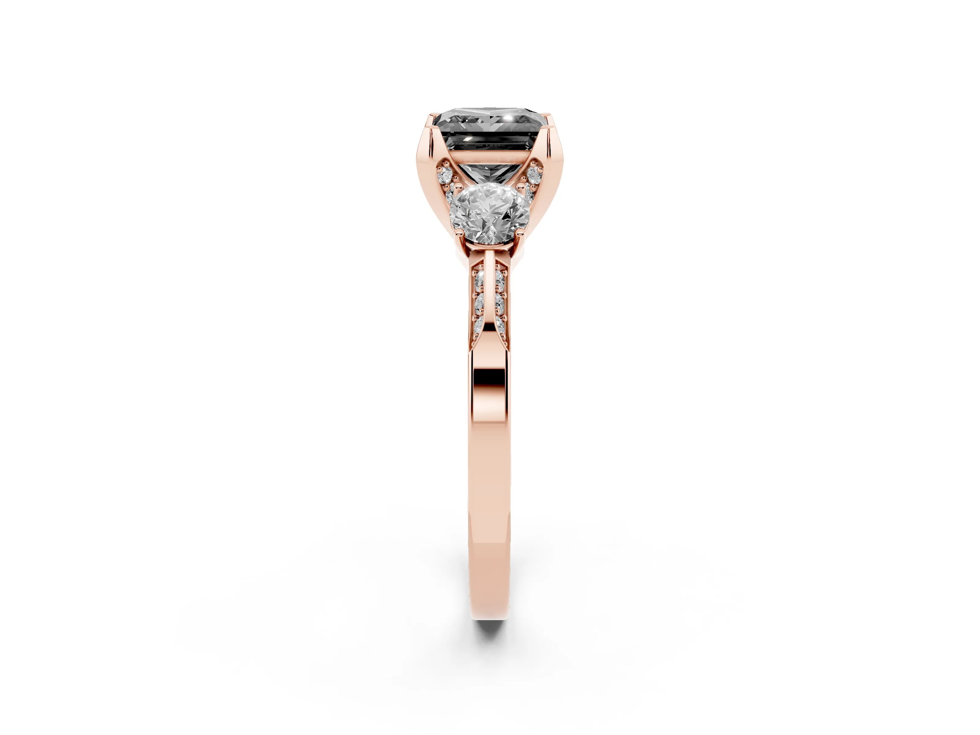 Fancy Black Princess Cut Diamond Three-Stone Ring Set in Rose gold with Pavé Band and Smaller Side Stones