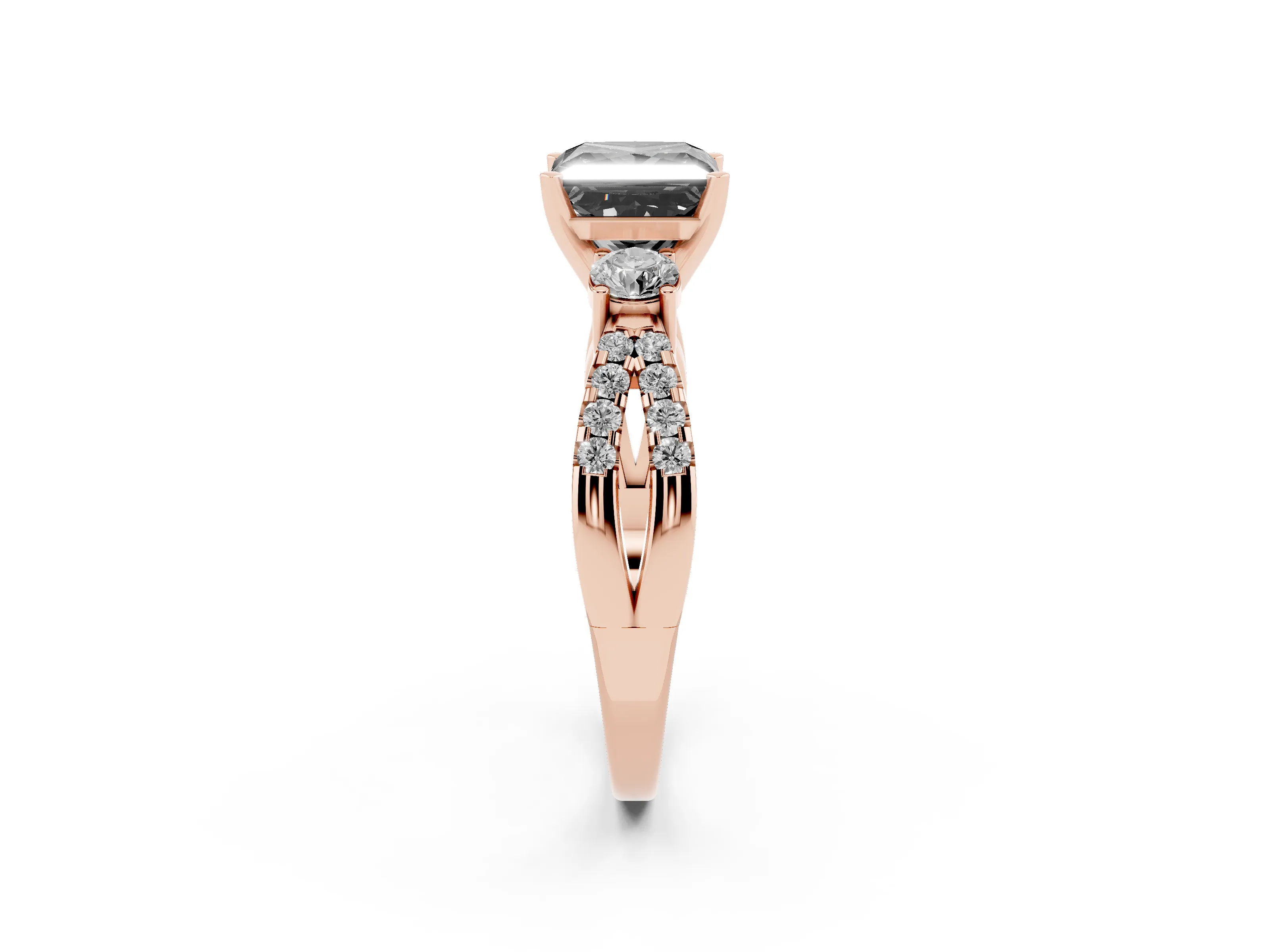 Fancy Black Princess Cut Diamond Three-Stone Ring Set in Rose gold with Pavé Split Shank and Prong Setting