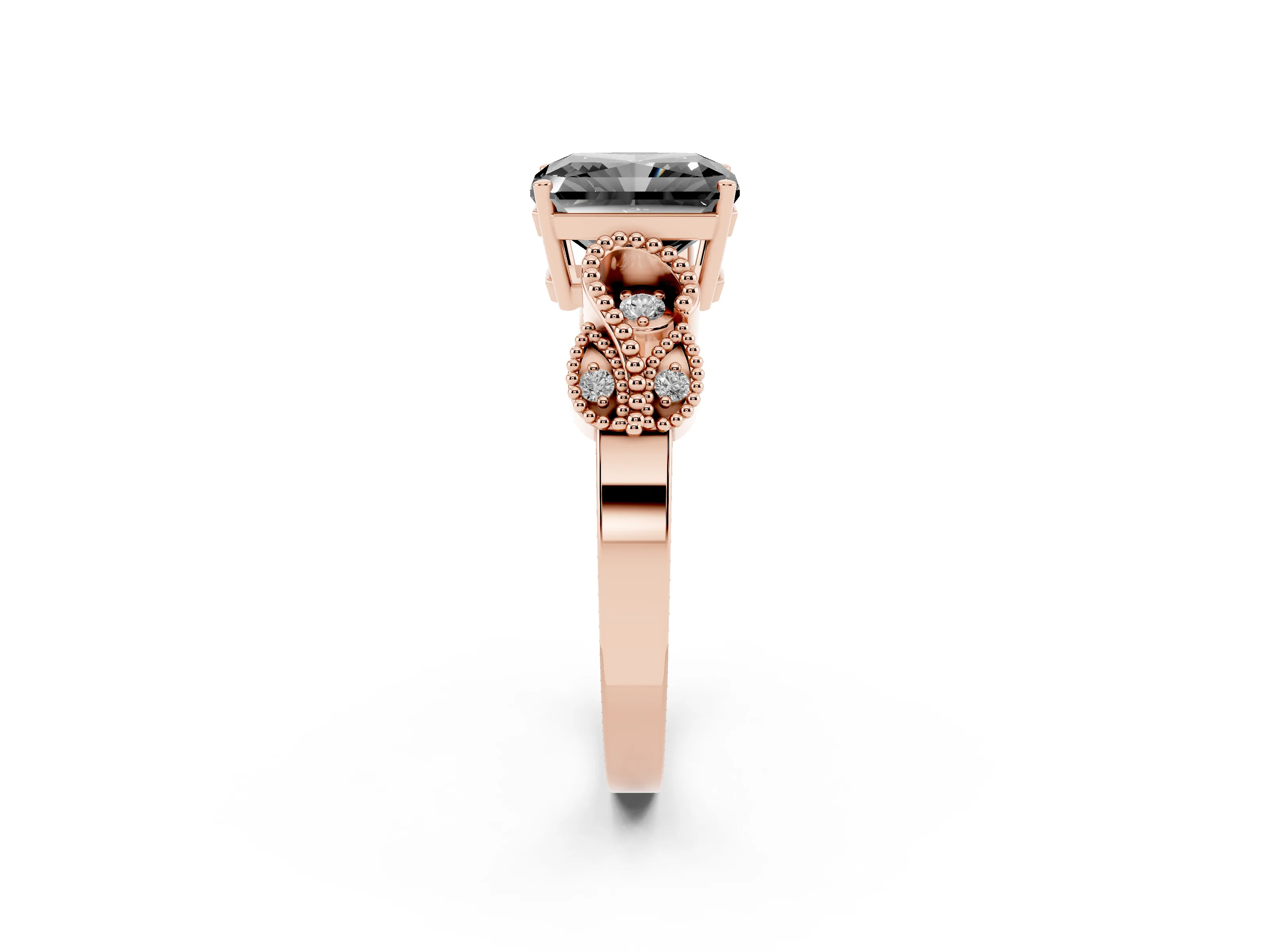 Fancy Black Princess Cut Diamond Milgrain Leaf Band Solitaire Ring Set in Rose gold with Accent Stones and Prong Setting