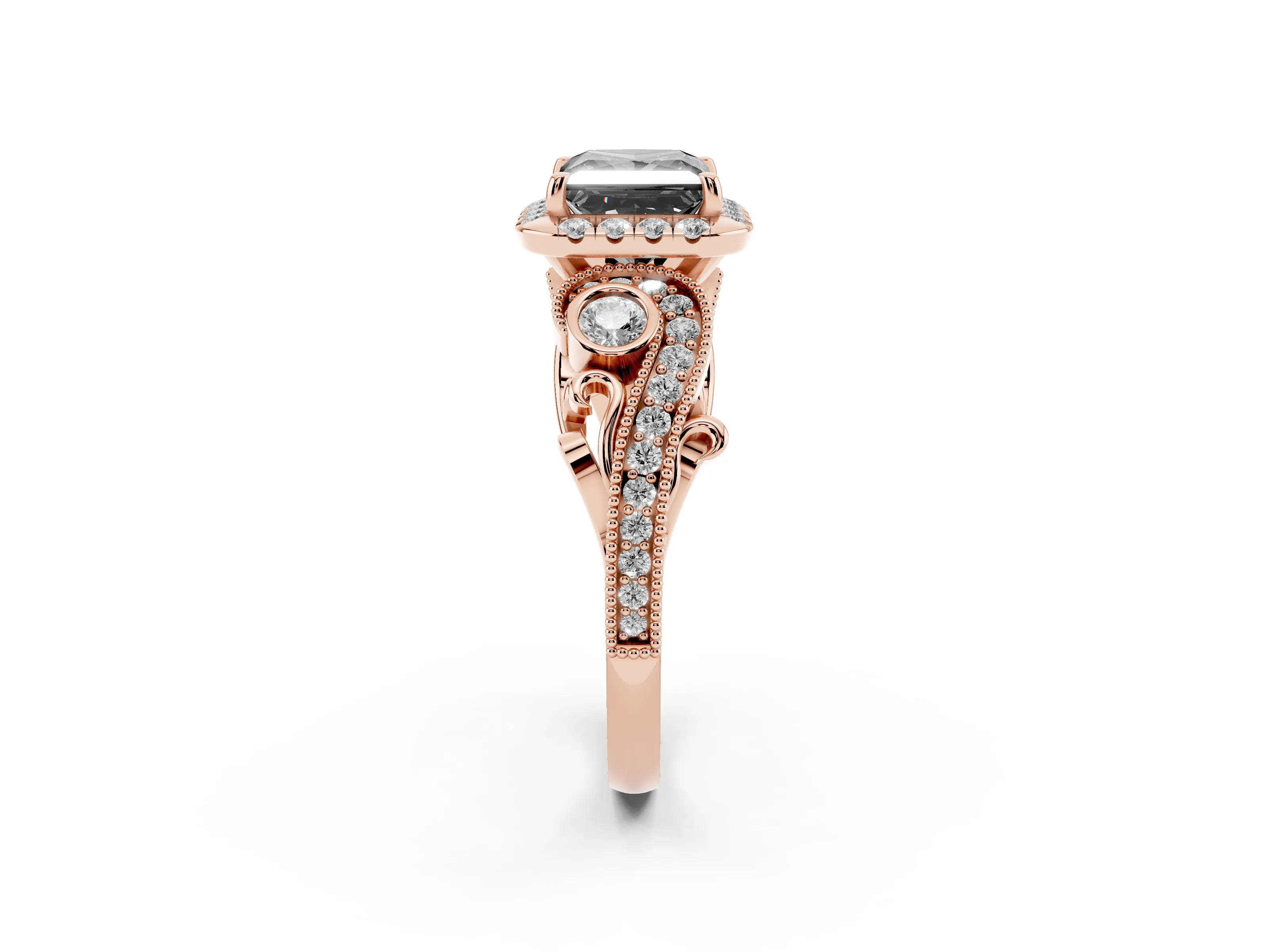 Fancy Black Princess Cut Diamond Halo Split Shank Ring Set in Rose gold with Milgrain and Bezel Accents