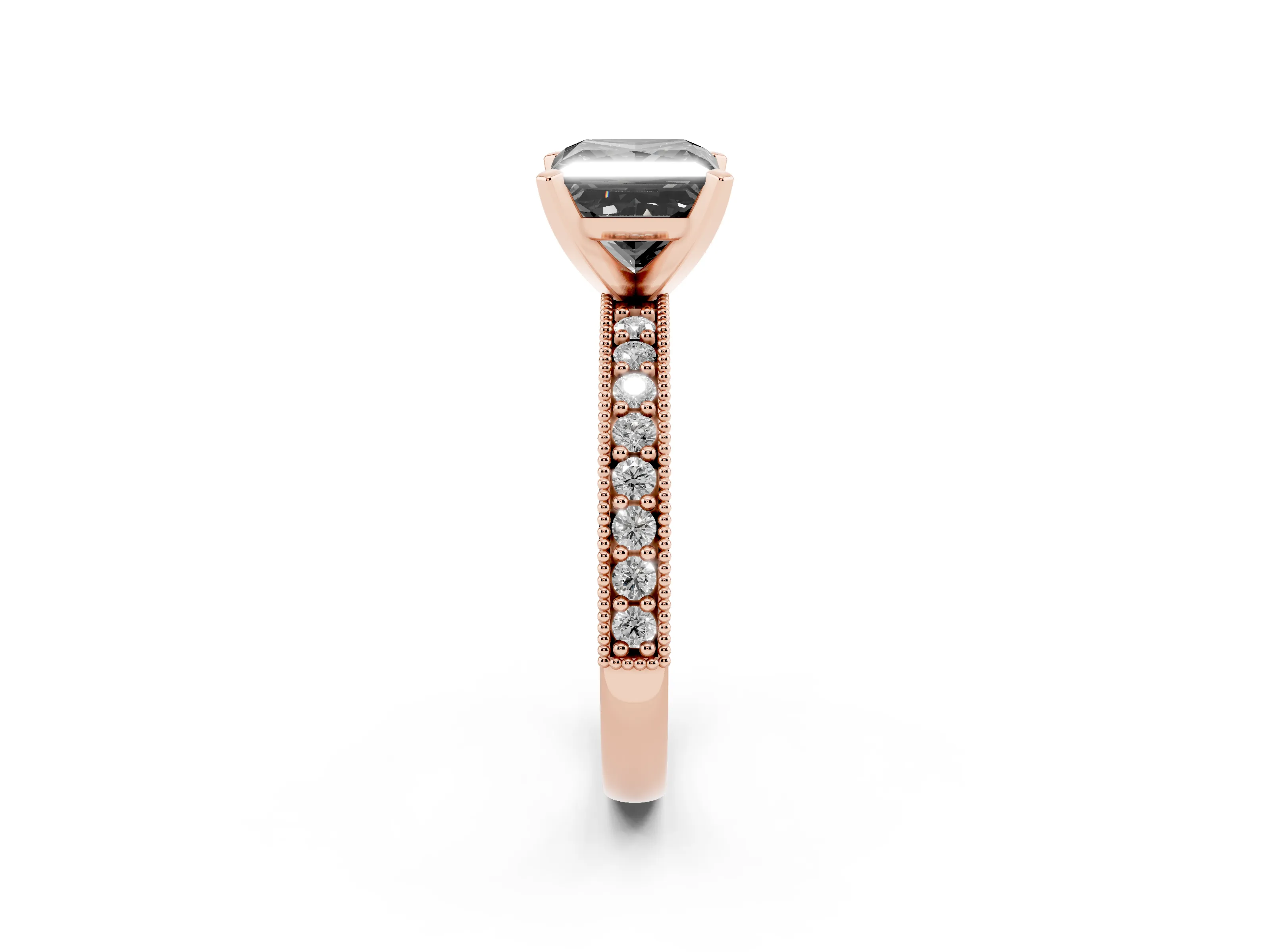 Fancy Black Princess Cut Diamond Milgrain Pavé Engagement Ring Set in Rose gold with Prong Setting