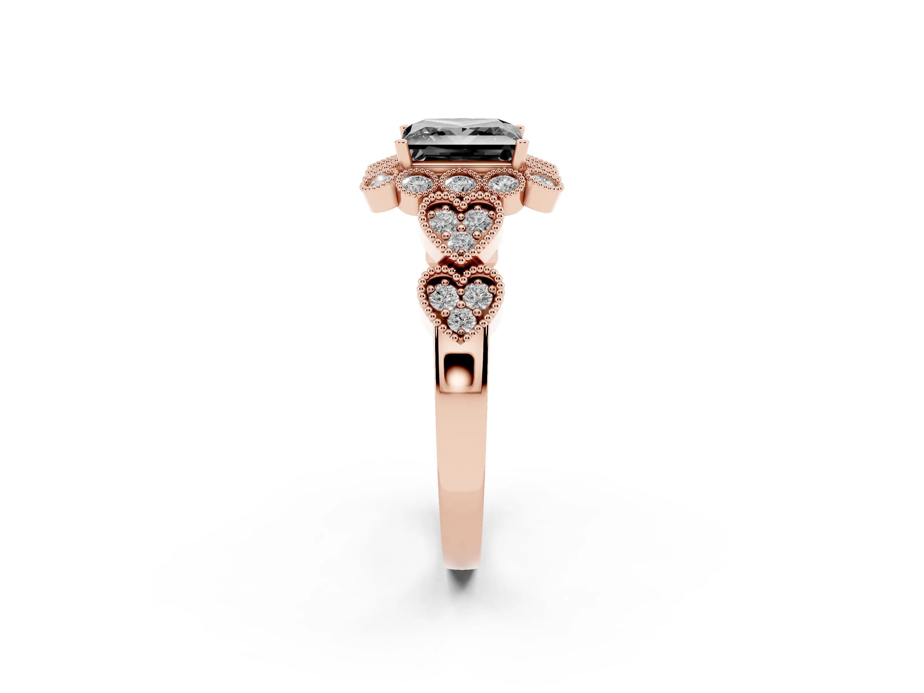 Fancy Black Princess Cut Diamond Solitaire Ring Set in Rose gold with Milgrain Pavé Heart Band