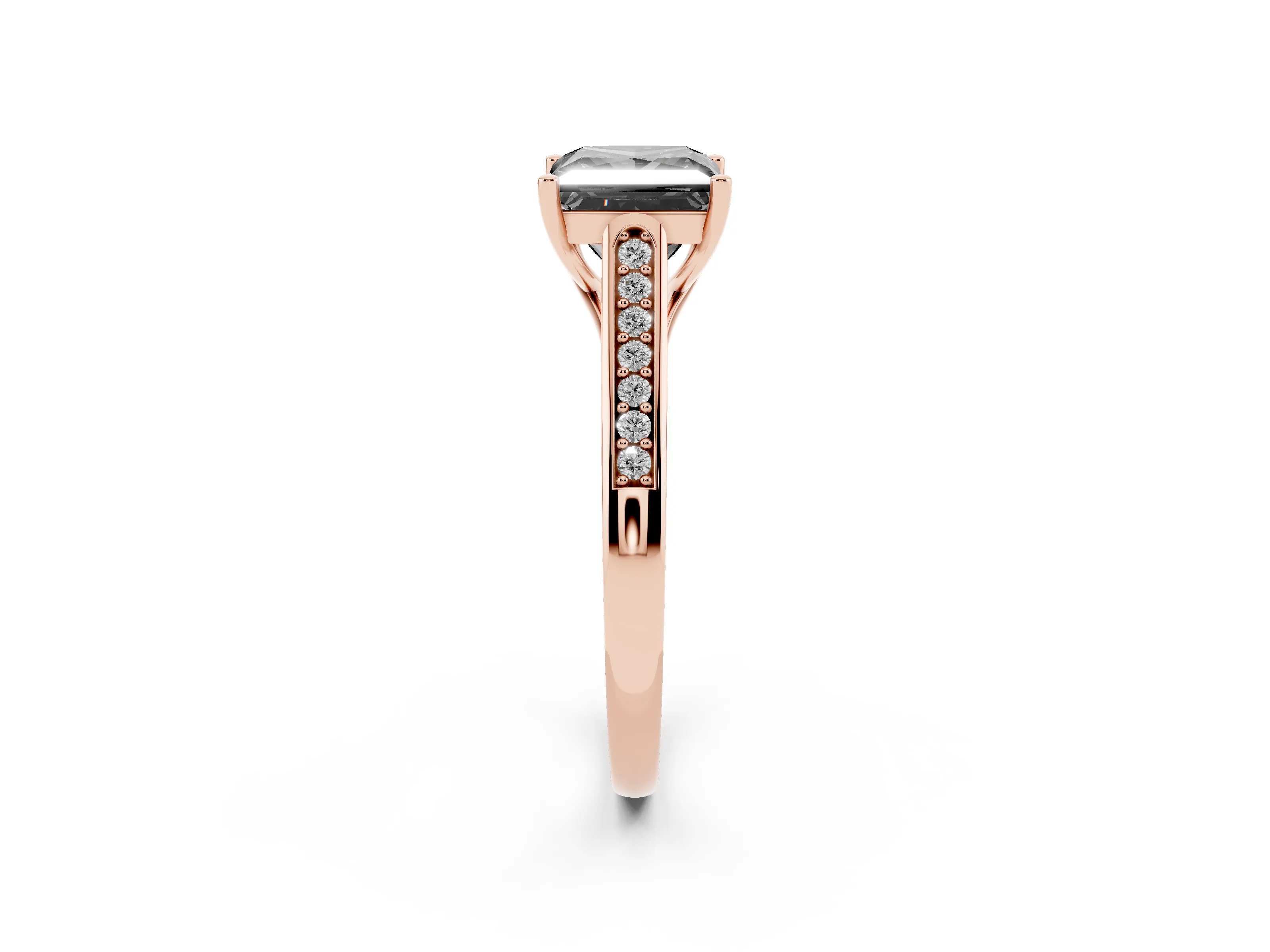 Fancy Black Princess Cut Diamond Solitaire Cathedral Engagement Ring Set in Rose gold with Channel-Set Band and Prong Setting