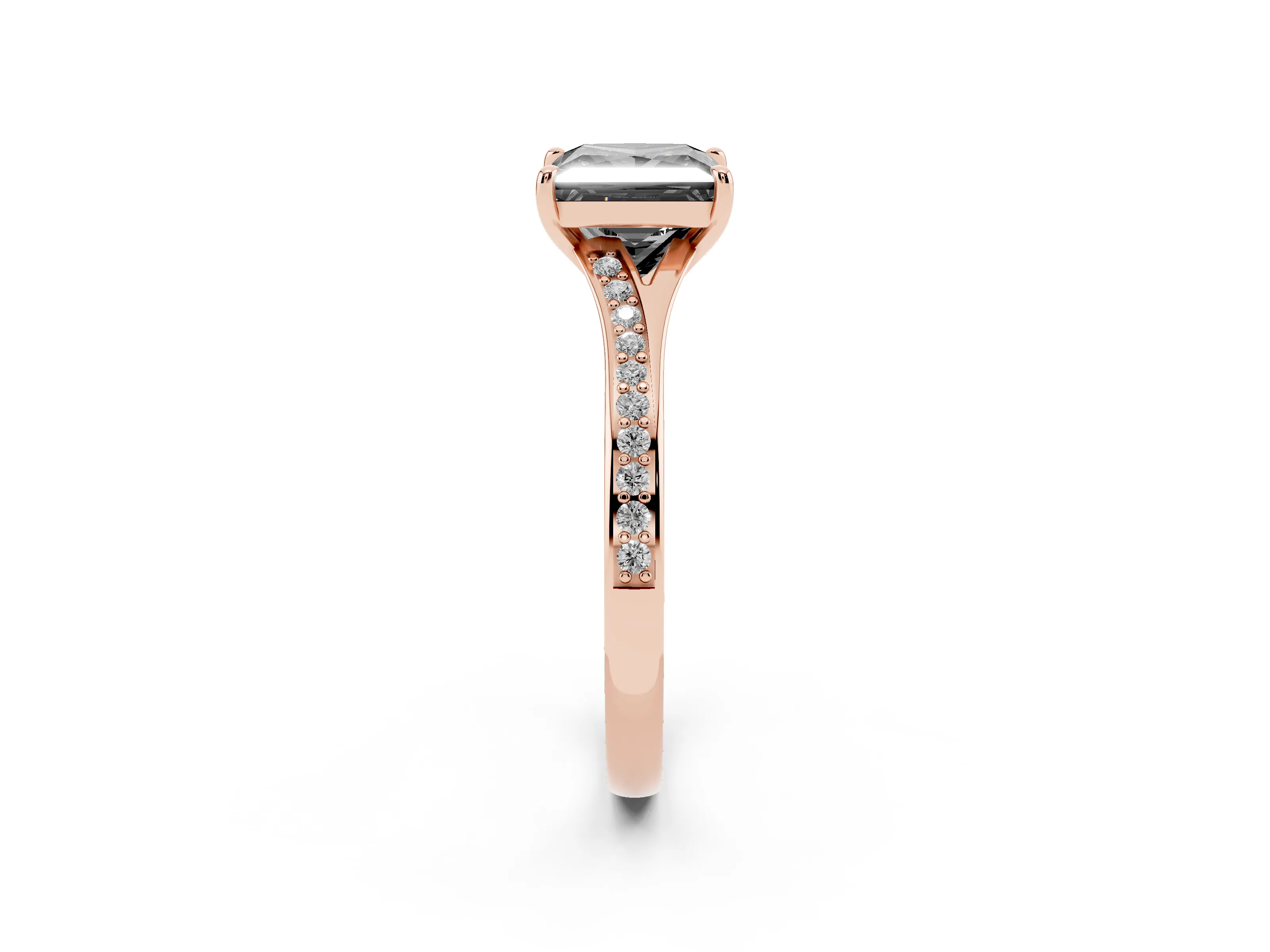 Fancy Black Princess Cut Diamond Solitaire Ring Set in Rose gold with Pavé Accent Band and Classic Prong Setting