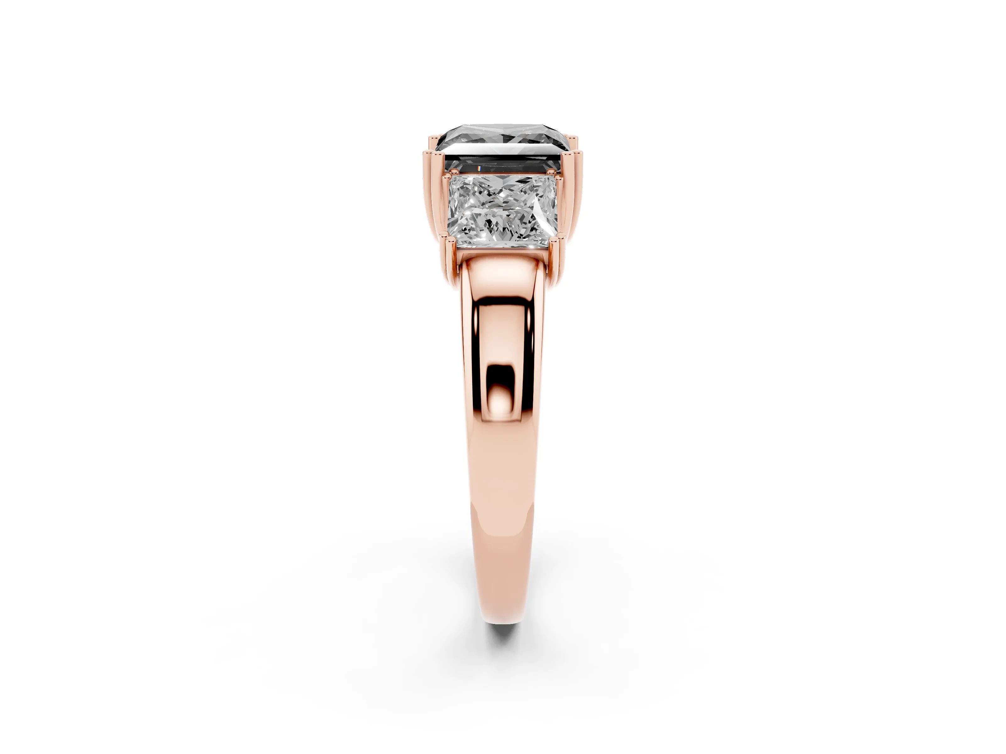 Fancy Black Princess Cut Diamond Three-Stone Ring Set in Rose gold with Polished Channel-Set Band